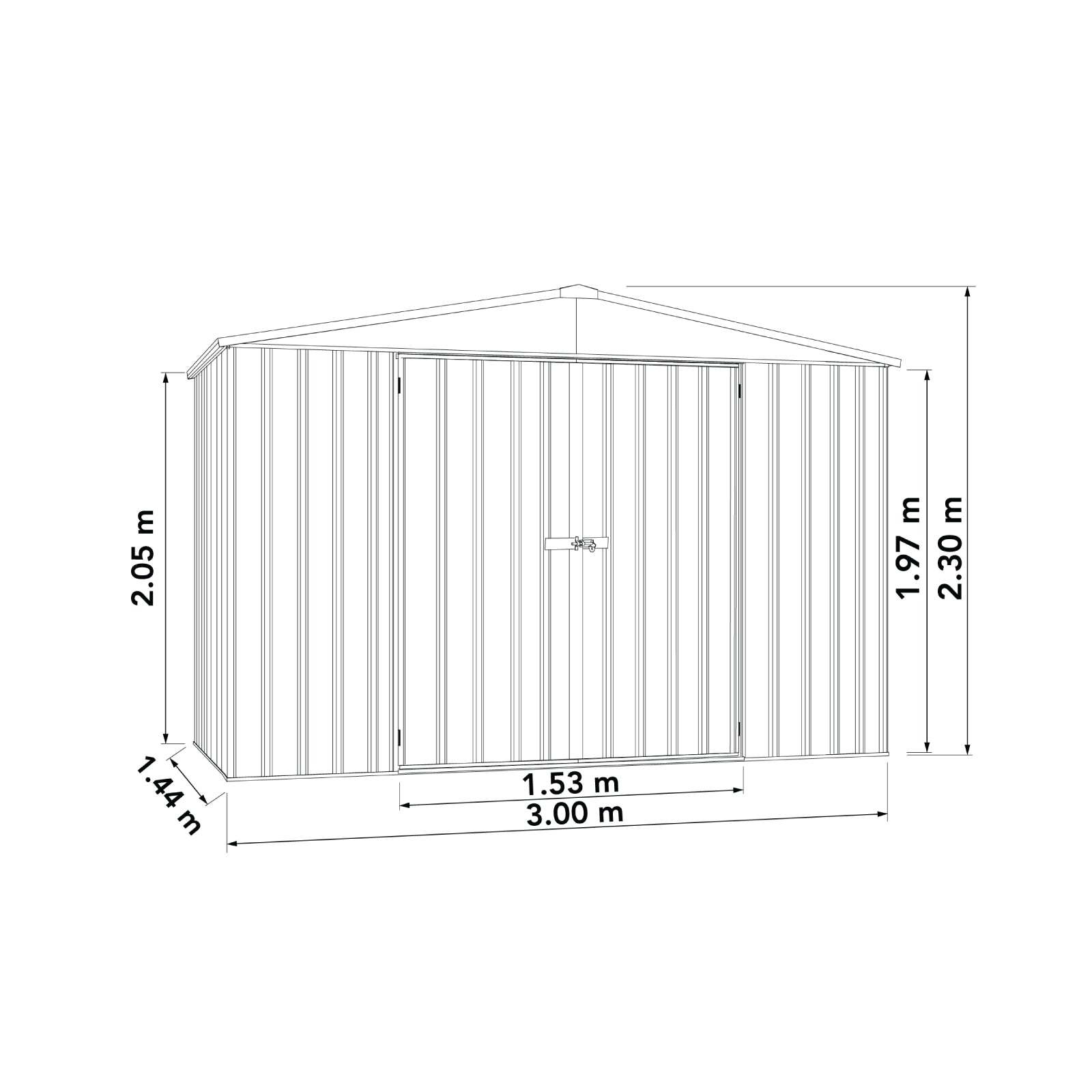 3.00mW x 1.44mD x 2.30mH Garden Shed Highlander Double Door Zincalume