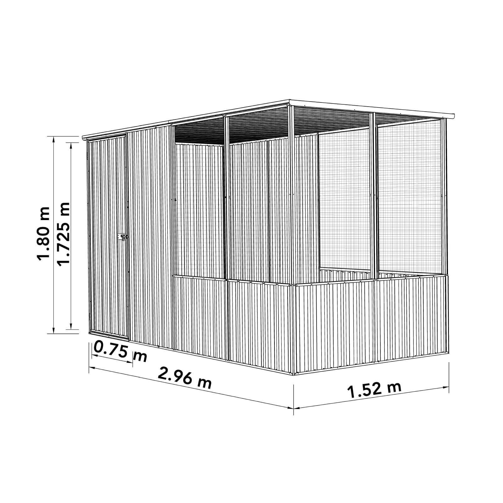 1.52mW x 2.96mD x 1.80mH Chicken Coop Flat Roof Single Door Zincalume