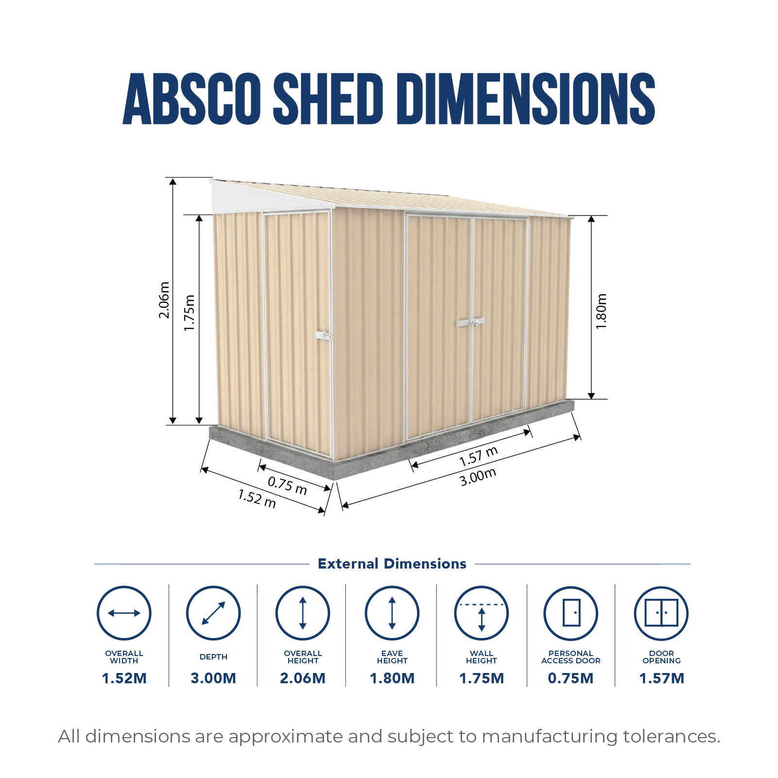 1.52mW x 3.00mD x 2.06mH Garden Shed Narrow Three Door