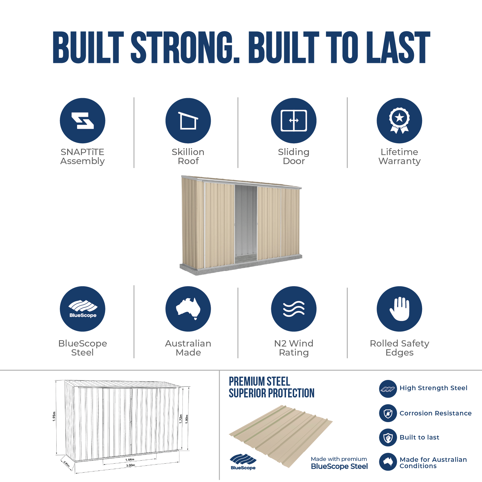 3.00mW x 0.78mD x 1.95mH Garden Shed Ezislider Double Door