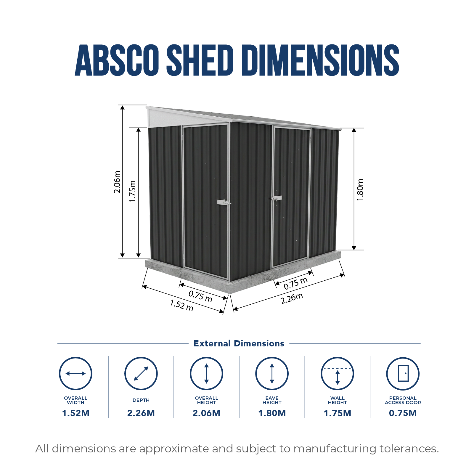 1.52mW x 2.26mD x 2.06mH Garden Shed Narrow Two Door