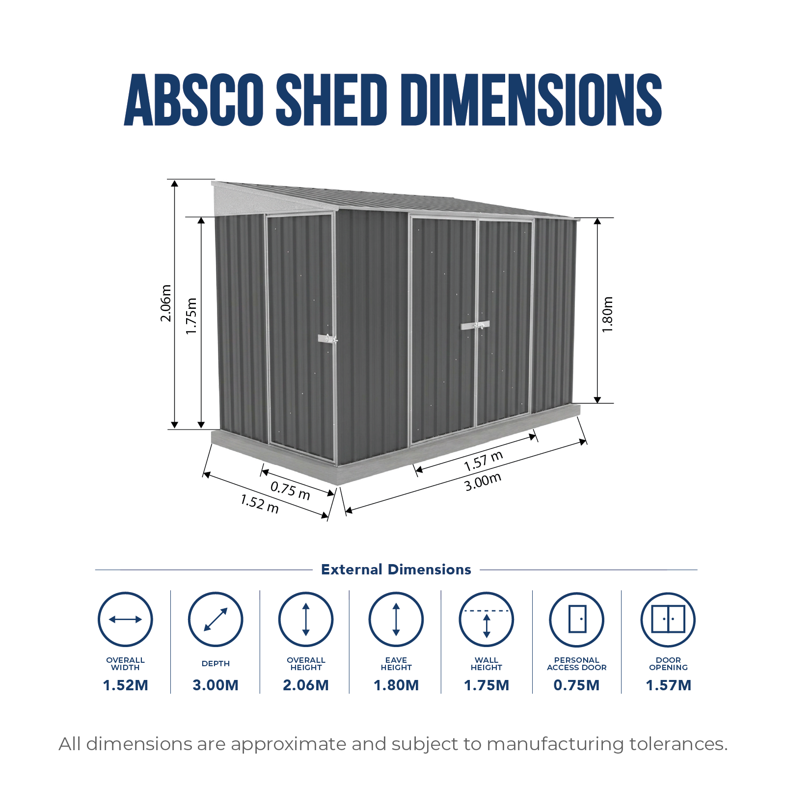 1.52mW x 3.00mD x 2.06mH Garden Shed Narrow Three Door