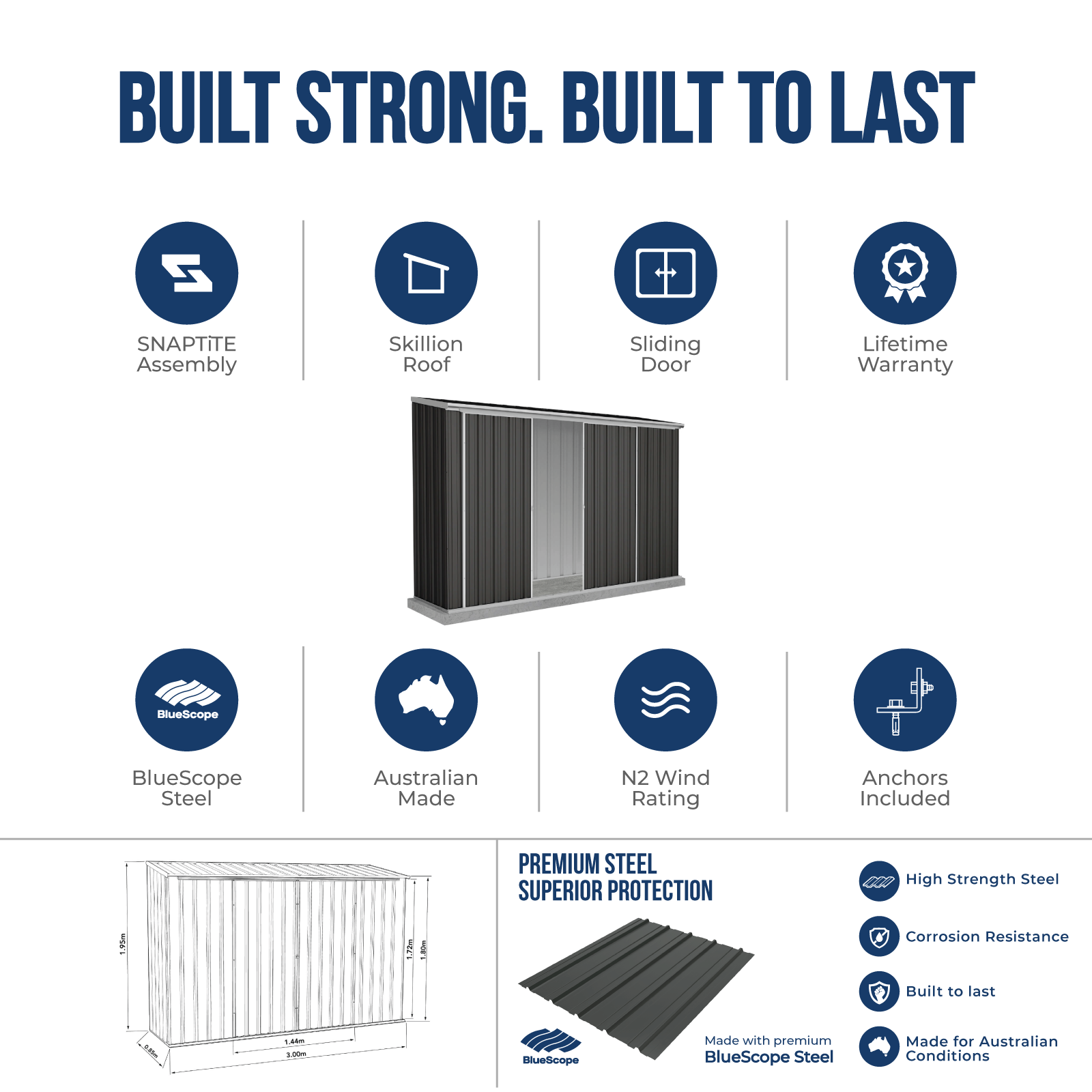 3.00mW x 0.78mD x 1.95mH Garden Shed Ezislider Double Door with Anchors