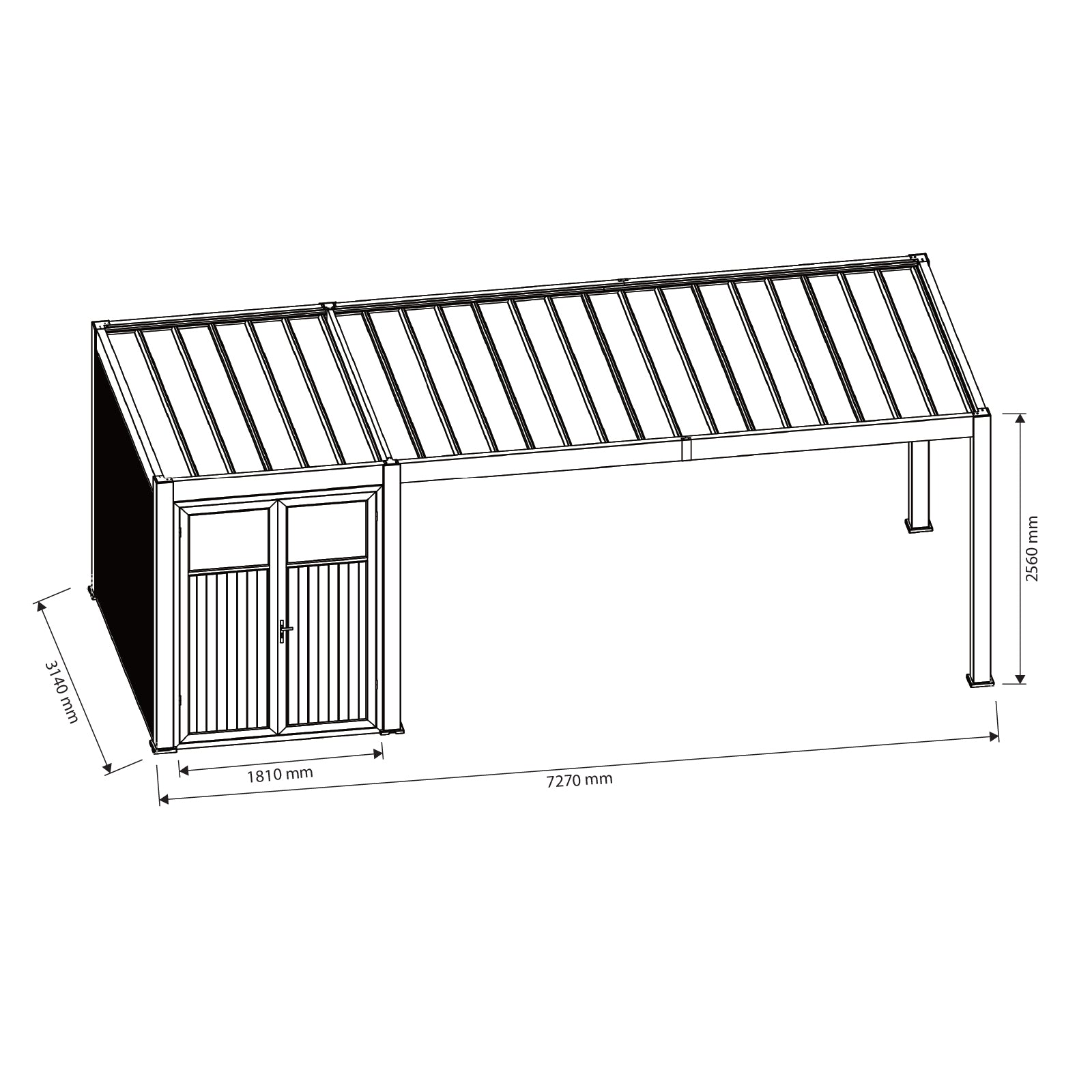 3.00mW x 7.30mD x 2.55mH Pergola and Shed Cabana Double Door Charcoal