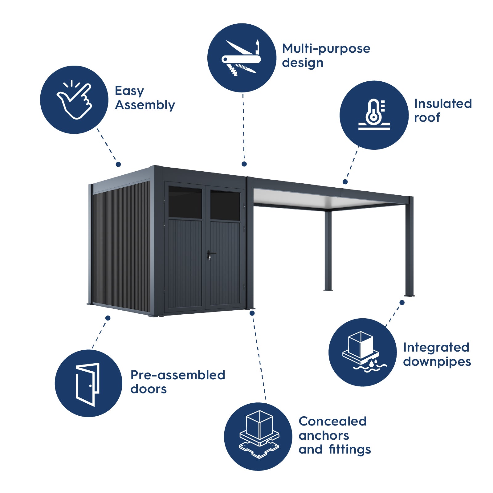 3.00mW x 7.30mD x 2.55mH Pergola and Shed Cabana Double Door Charcoal