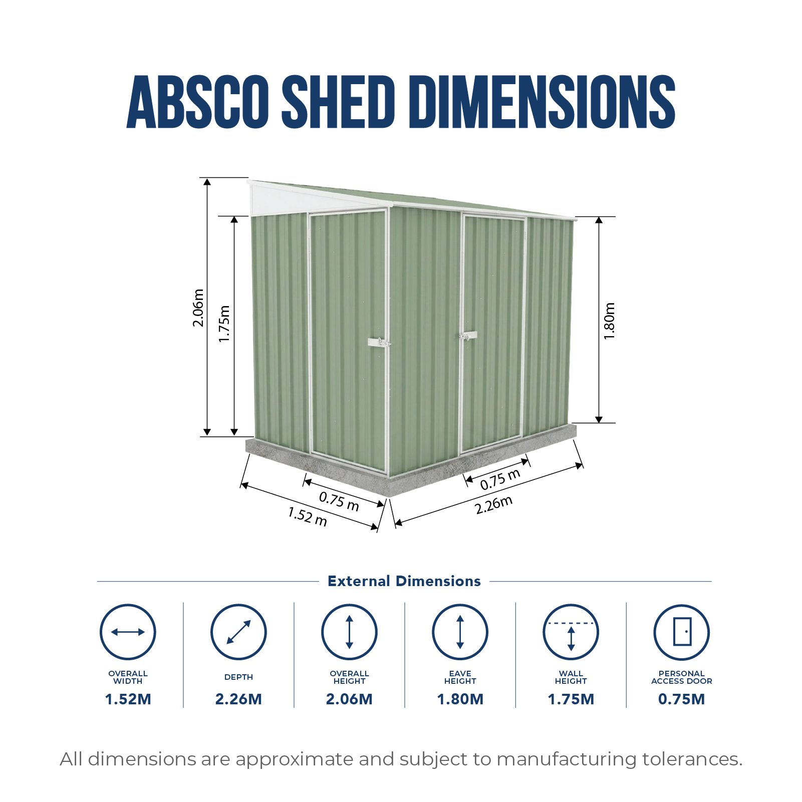 1.52mW x 2.26mD x 2.06mH Garden Shed Narrow Two Door