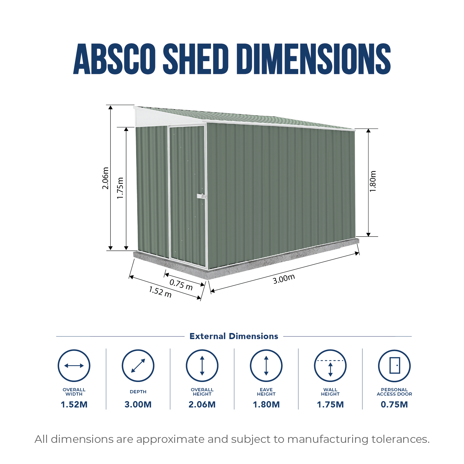 1.52mW x 3.00mD x 2.06mH Garden Shed Narrow Single Door