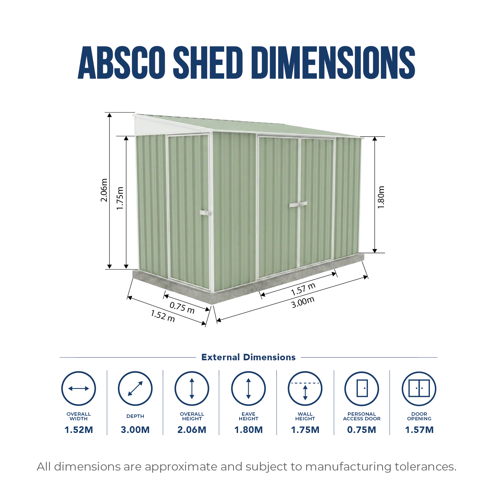 1.52mW x 3.00mD x 2.06mH Garden Shed Narrow Three Door