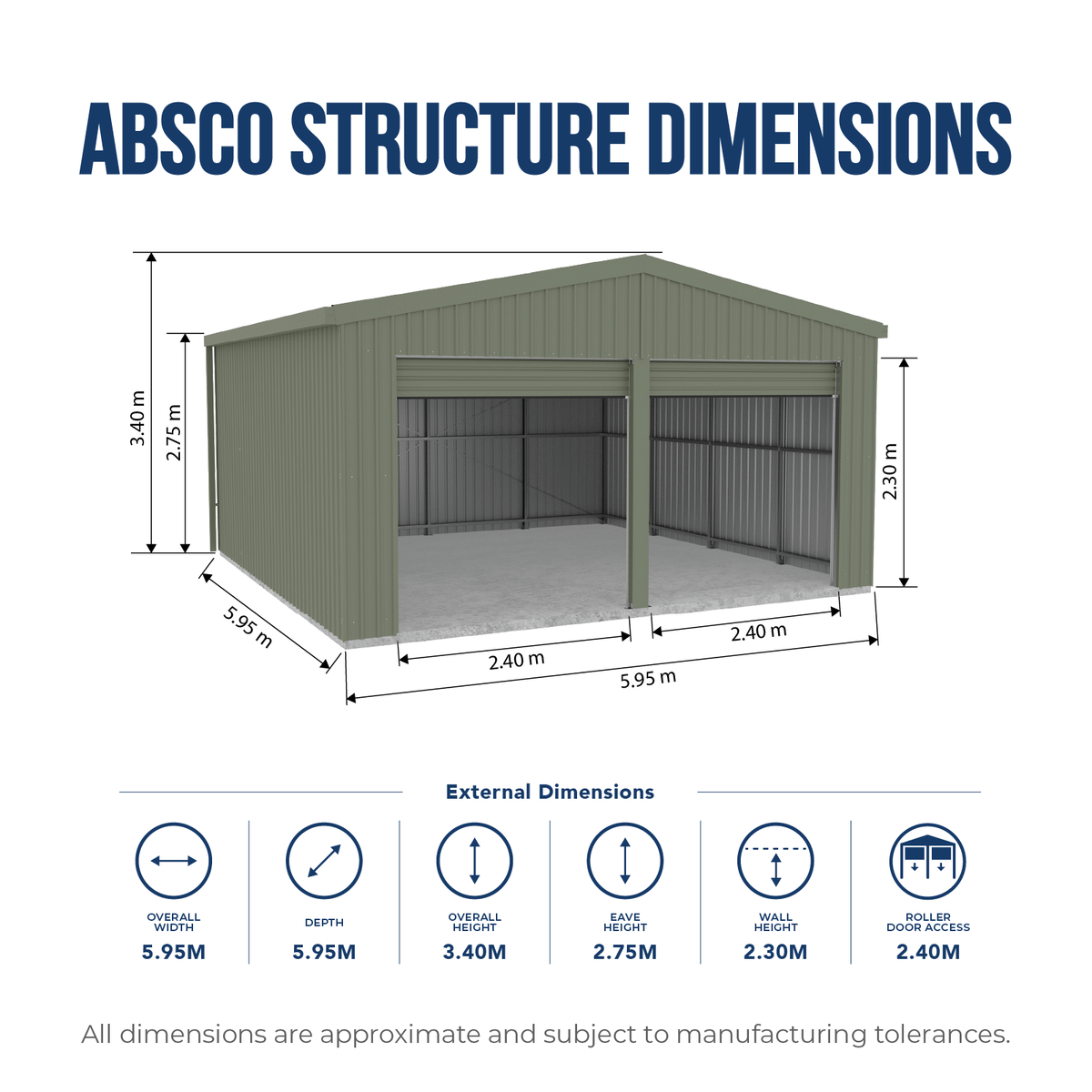 BRISBANE PICKUP - 5.95mW x 5.95mD x 3.40mH Garage Double Roller Door Surfmist