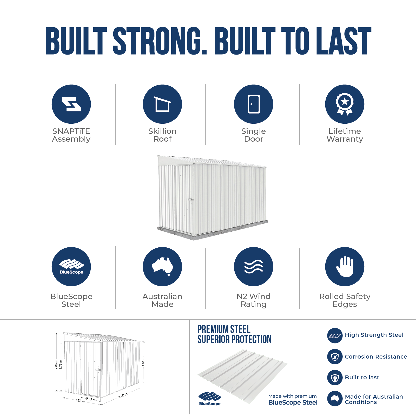 1.52mW x 3.00mD x 2.06mH Garden Shed Narrow Single Door