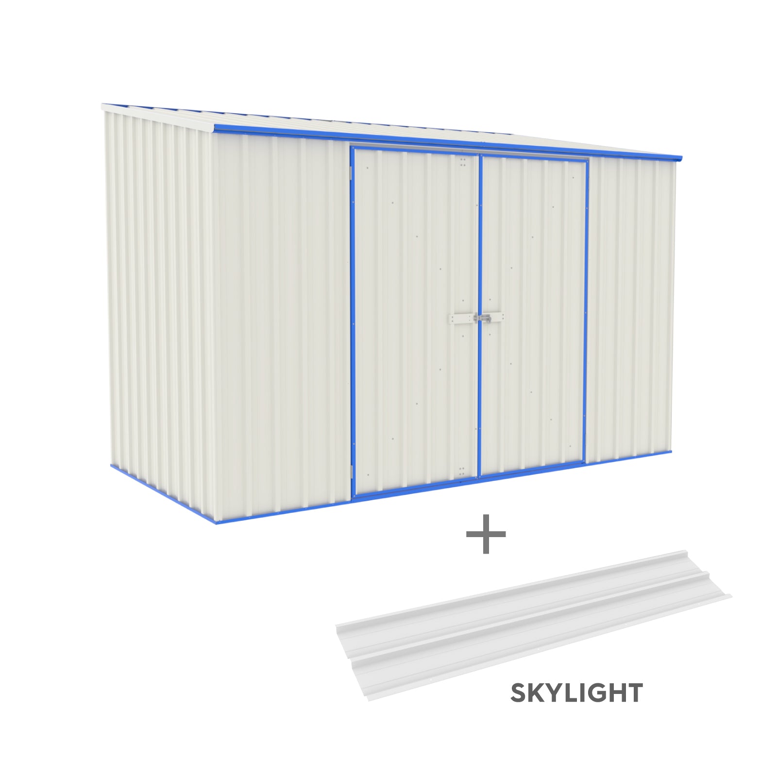 Outlet - 3.00mW x 1.52mD x 2.08mH Garden Shed Space Saver - Double Door Surfmist with Blue Channels and Skylight