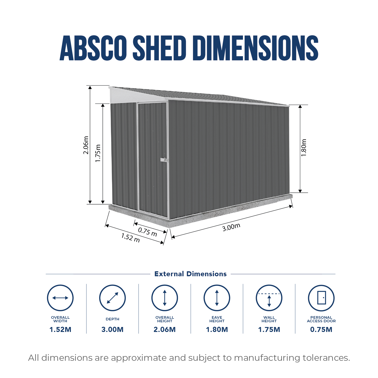 1.52mW x 3.00mD x 2.06mH Garden Shed Narrow Single Door