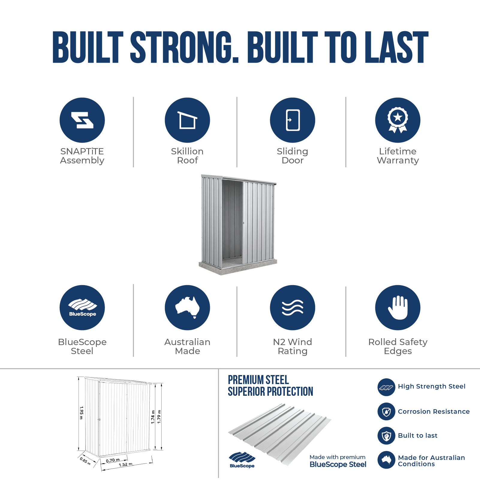 1.52mW x 0.78mD x 1.95mH Garden Shed Ezislider Single Door Zincalume