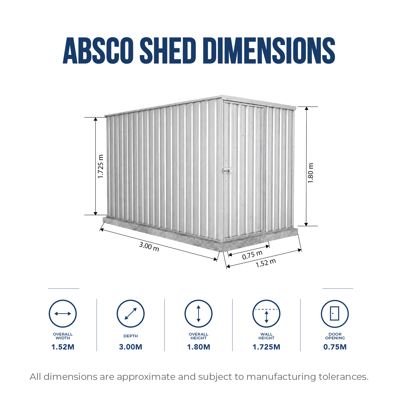 1.52mW x 3.00mD x 1.80mH Garden Shed Basic Single Door Zincalume
