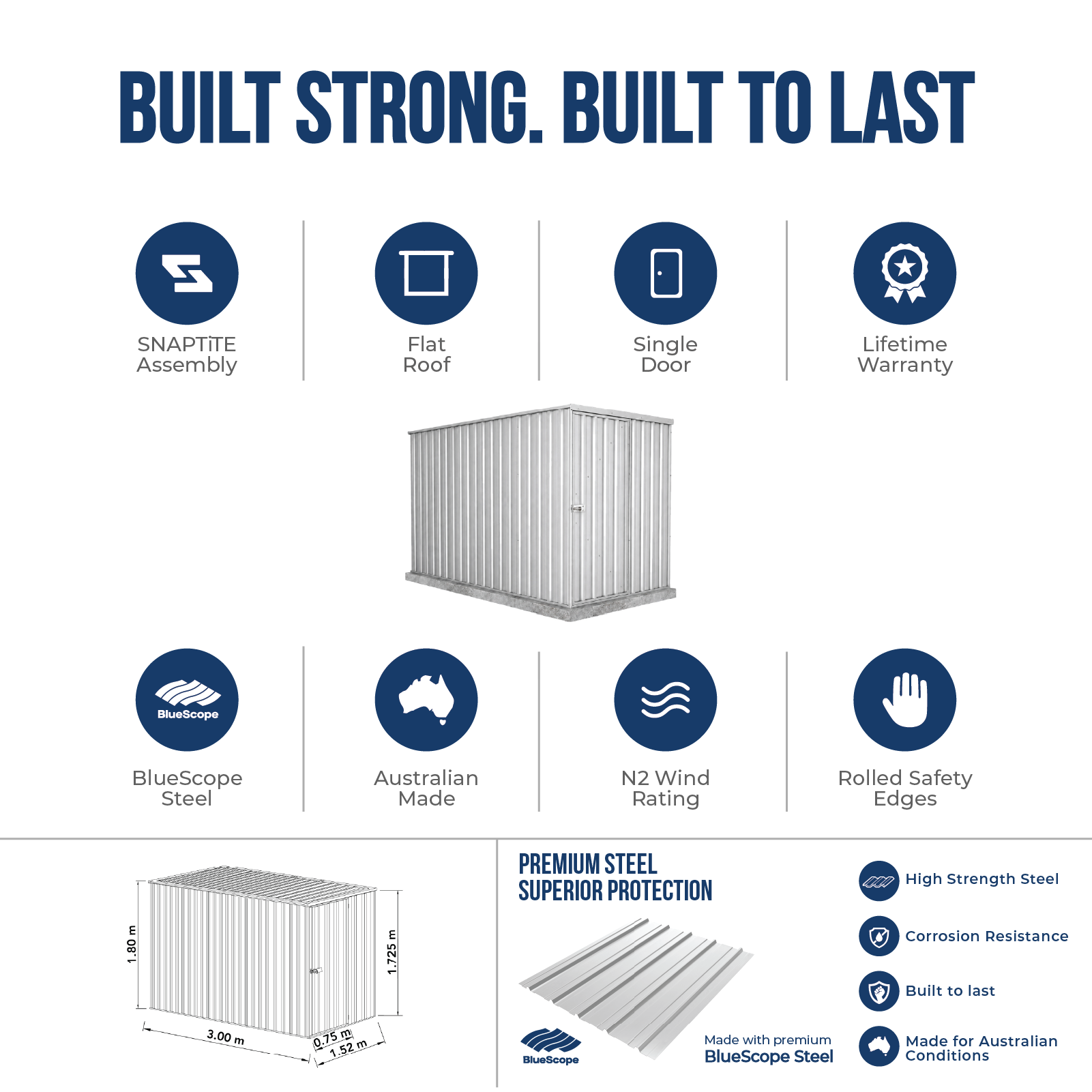 1.52mW x 3.00mD x 1.80mH Garden Shed Basic Single Door Zincalume