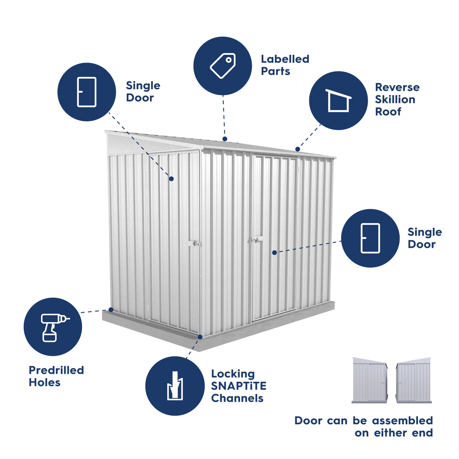 1.52mW x 2.26mD x 2.06mH Garden Shed Narrow Two Door Zincalume
