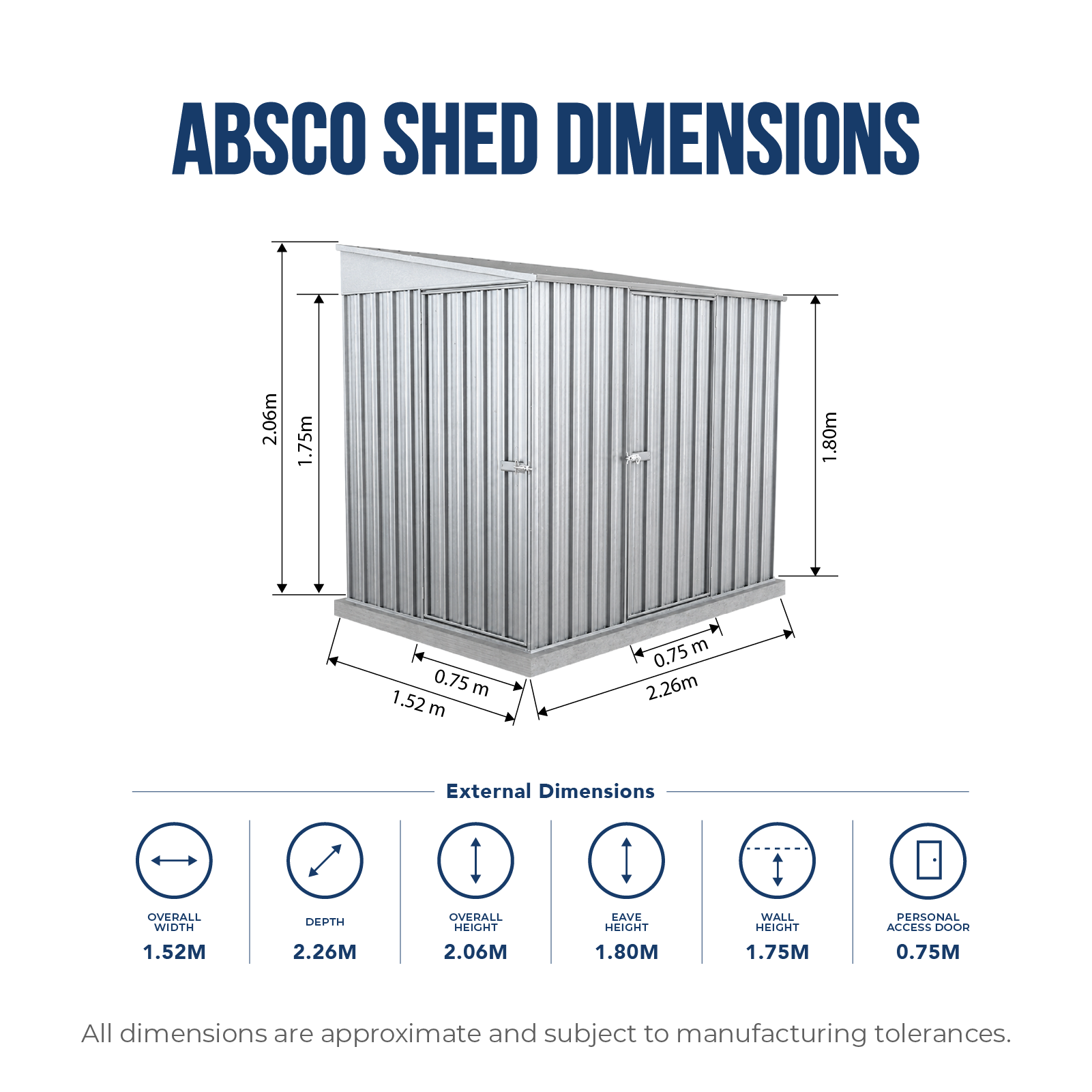 1.52mW x 2.26mD x 2.06mH Garden Shed Narrow Two Door Zincalume