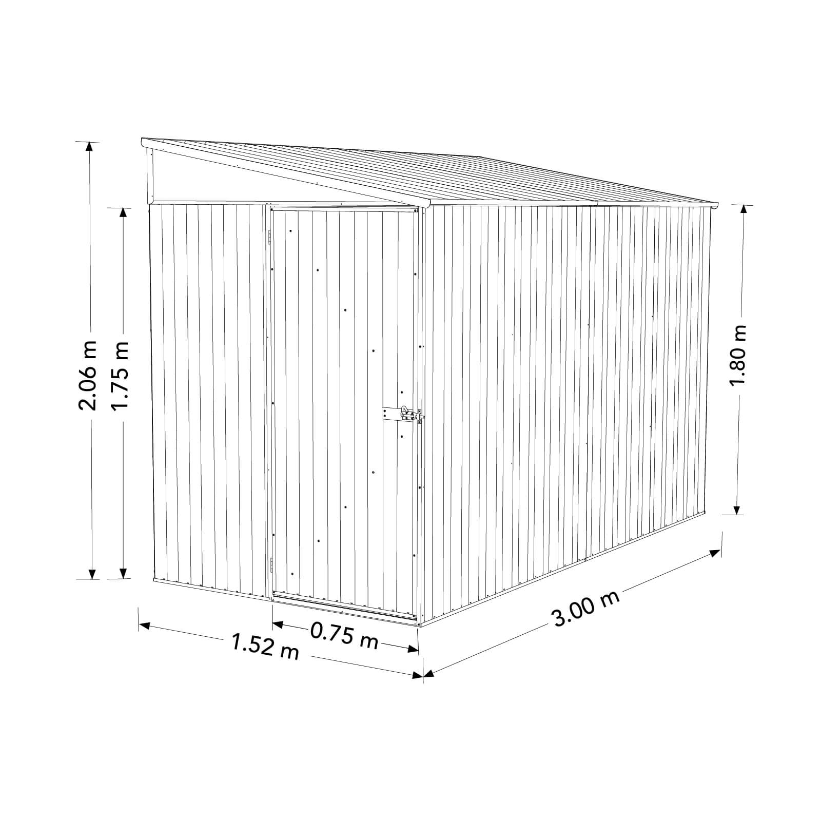 1.52mW x 3.00mD x 2.06mH Garden Shed Narrow Single Door Zincalume