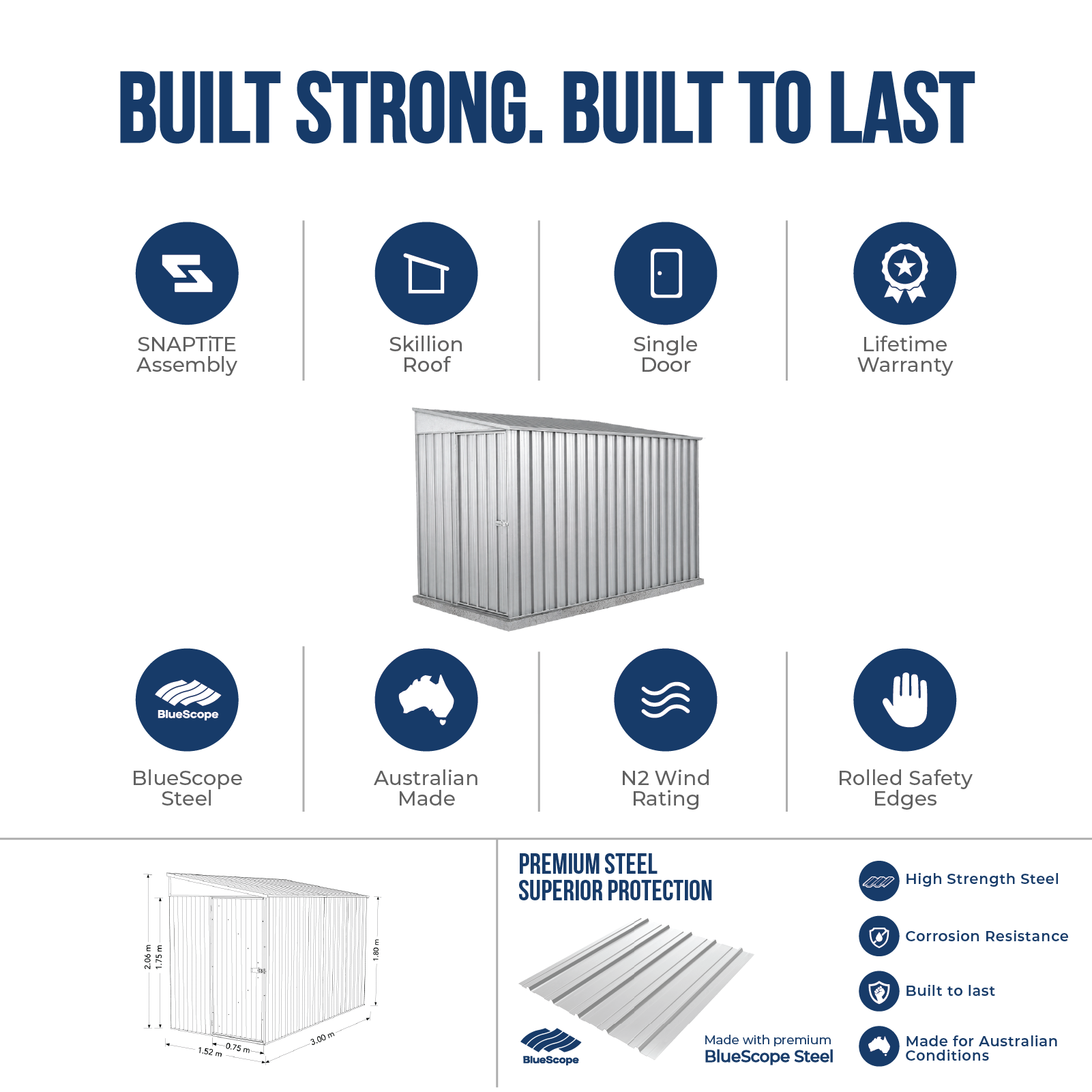 1.52mW x 3.00mD x 2.06mH Garden Shed Narrow Single Door Zincalume