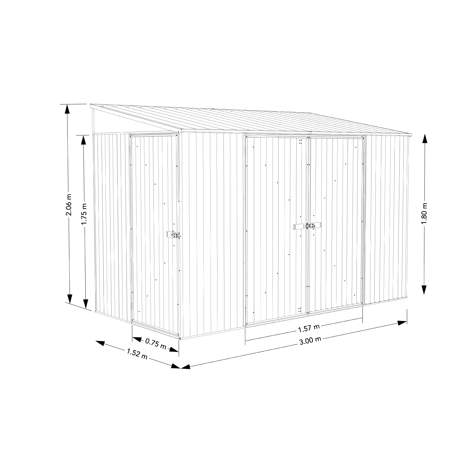 1.52mW x 3.00mD x 2.06mH Garden Shed Narrow Three Door Zincalume