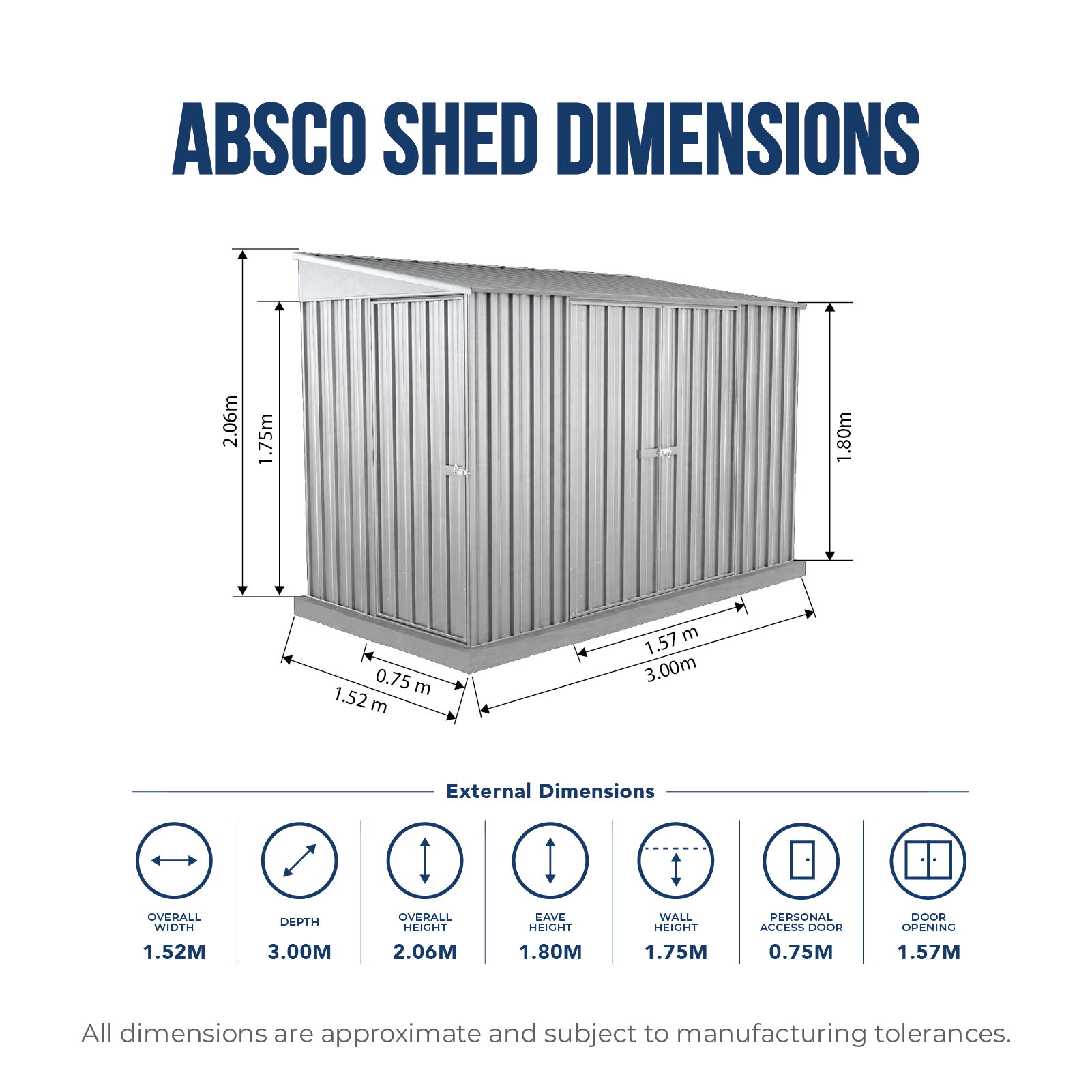1.52mW x 3.00mD x 2.06mH Garden Shed Narrow Three Door Zincalume