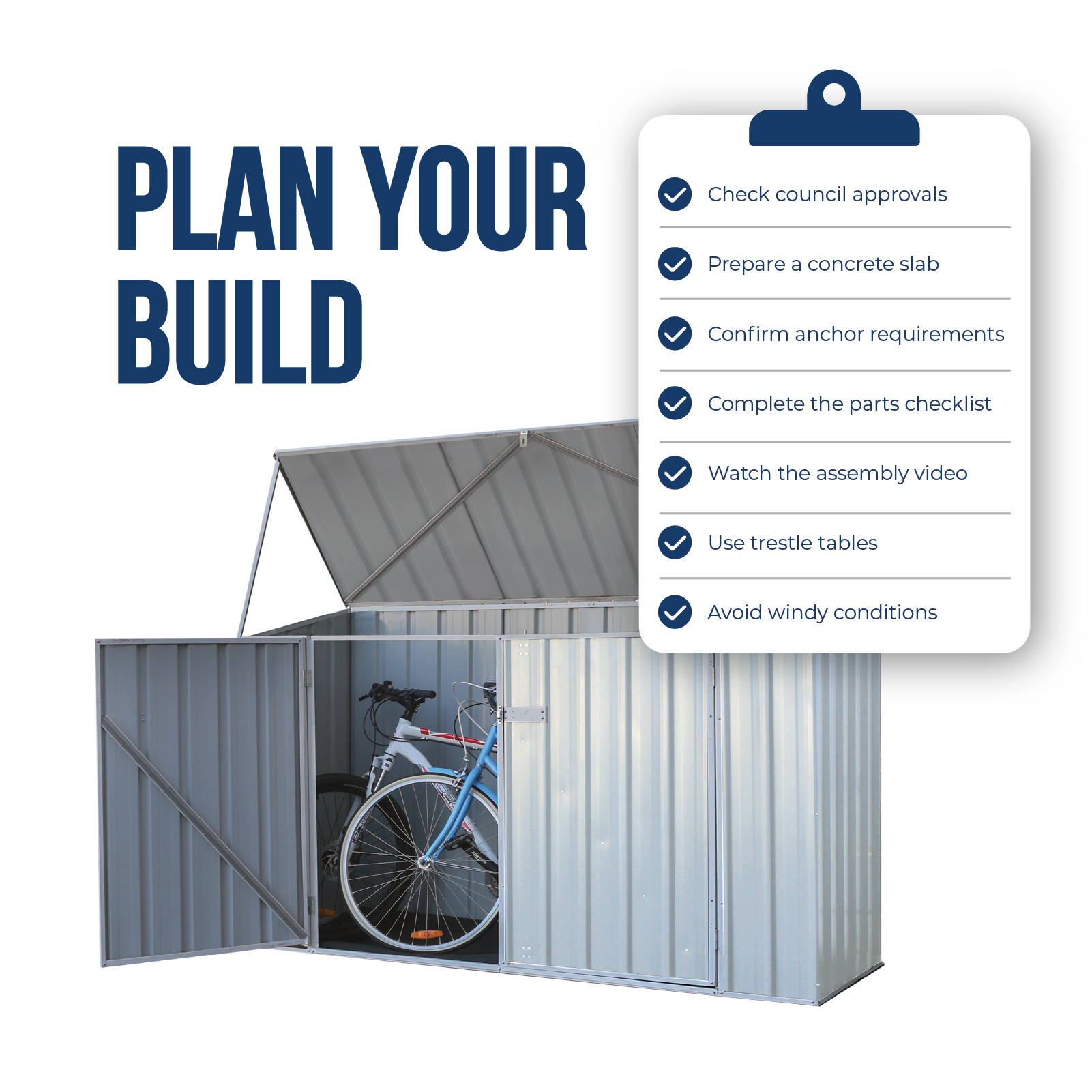 2.26mW x 0.78mD x 1.31mH Bike Shed Double Door Zincalume