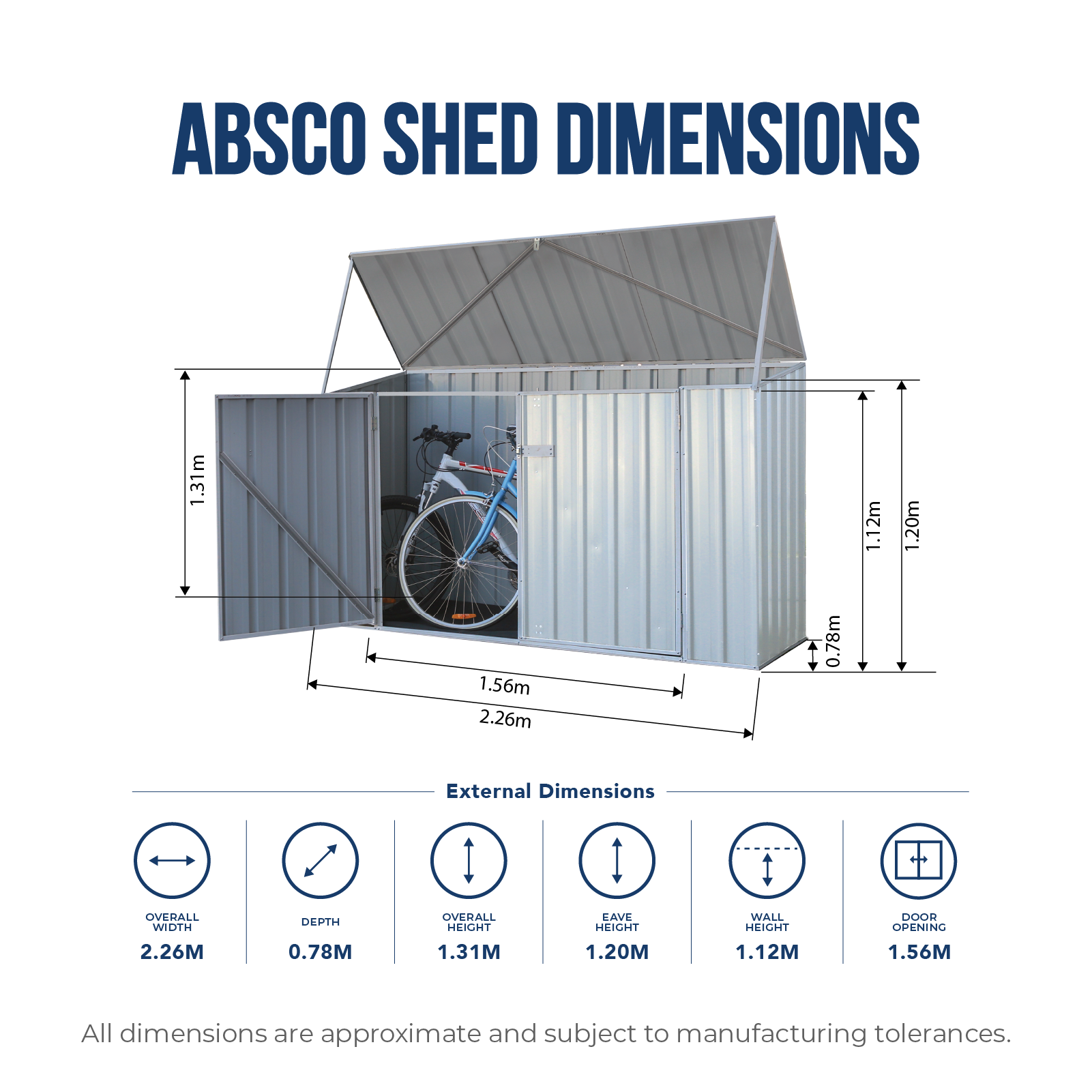 2.26mW x 0.78mD x 1.31mH Bike Shed Double Door Zincalume