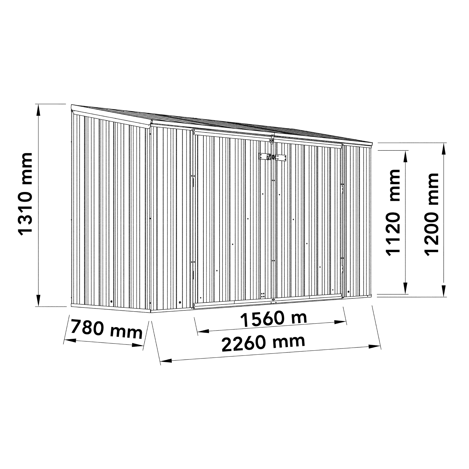 2.26mW x 0.78mD x 1.31mH Bike Shed Double Door Zincalume