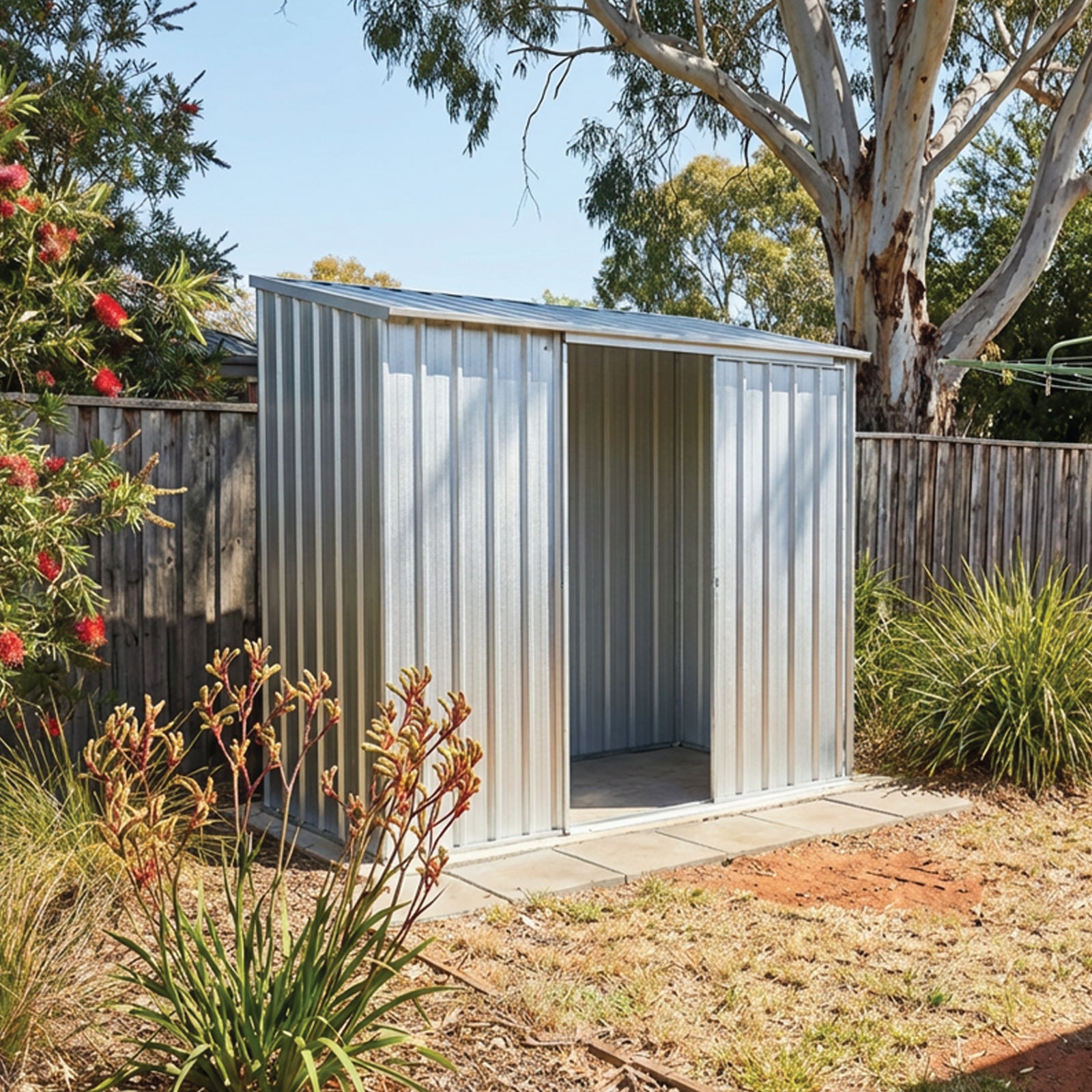 2.26mW x 0.78mD x 1.95mH Garden Shed Ezislider Single Door Zincalume