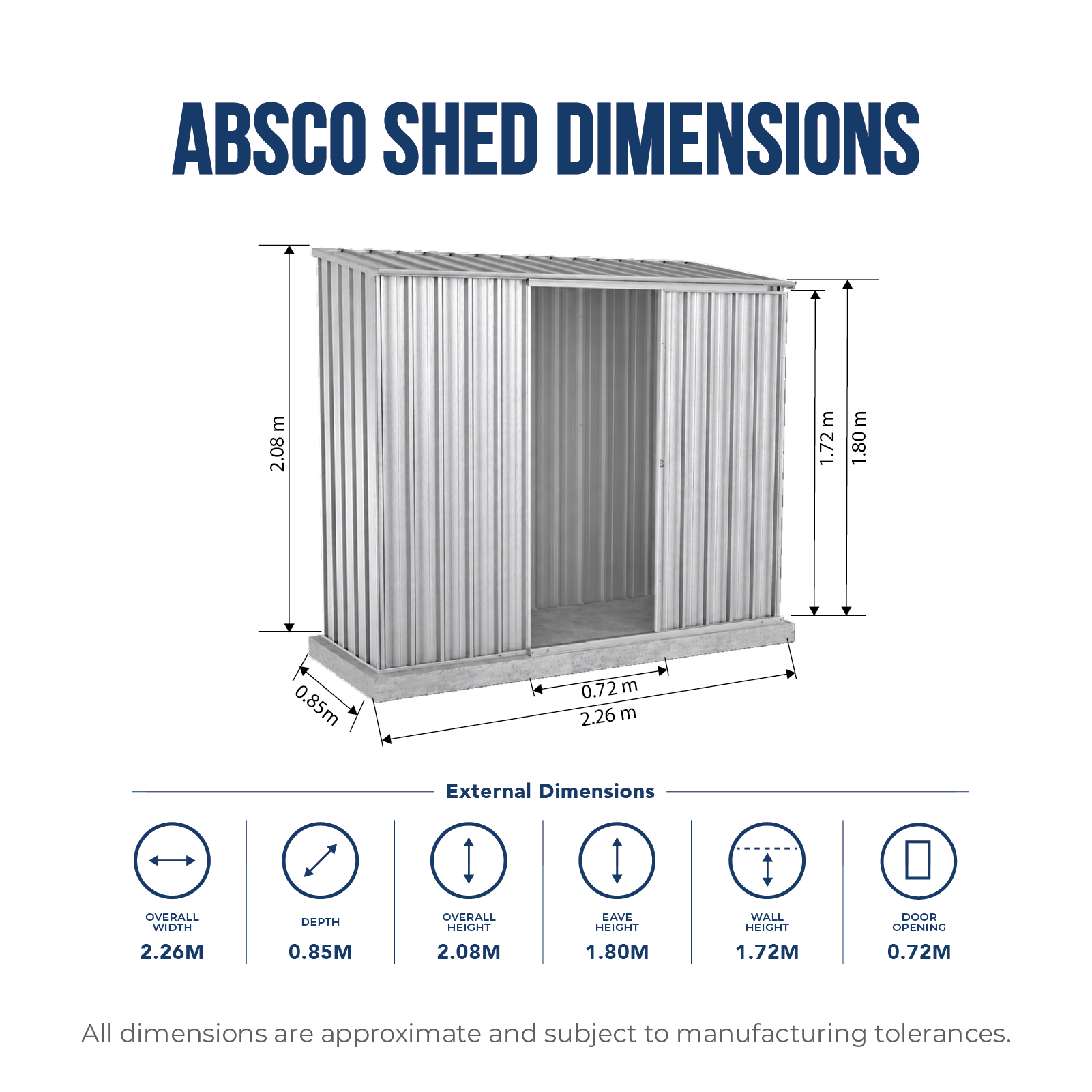2.26mW x 0.78mD x 1.95mH Garden Shed Ezislider Single Door Zincalume