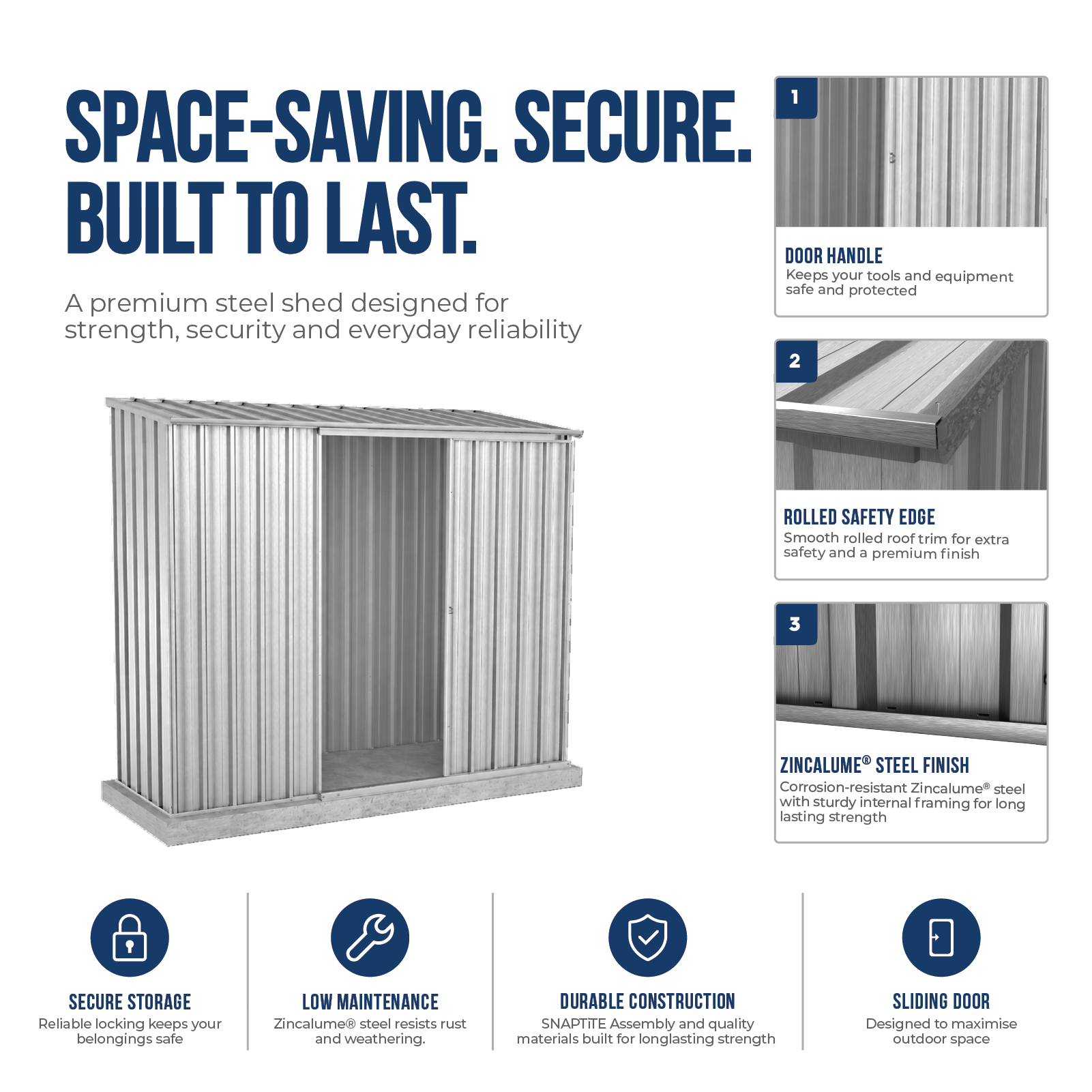 2.26mW x 0.78mD x 1.95mH Garden Shed Ezislider Single Door Zincalume