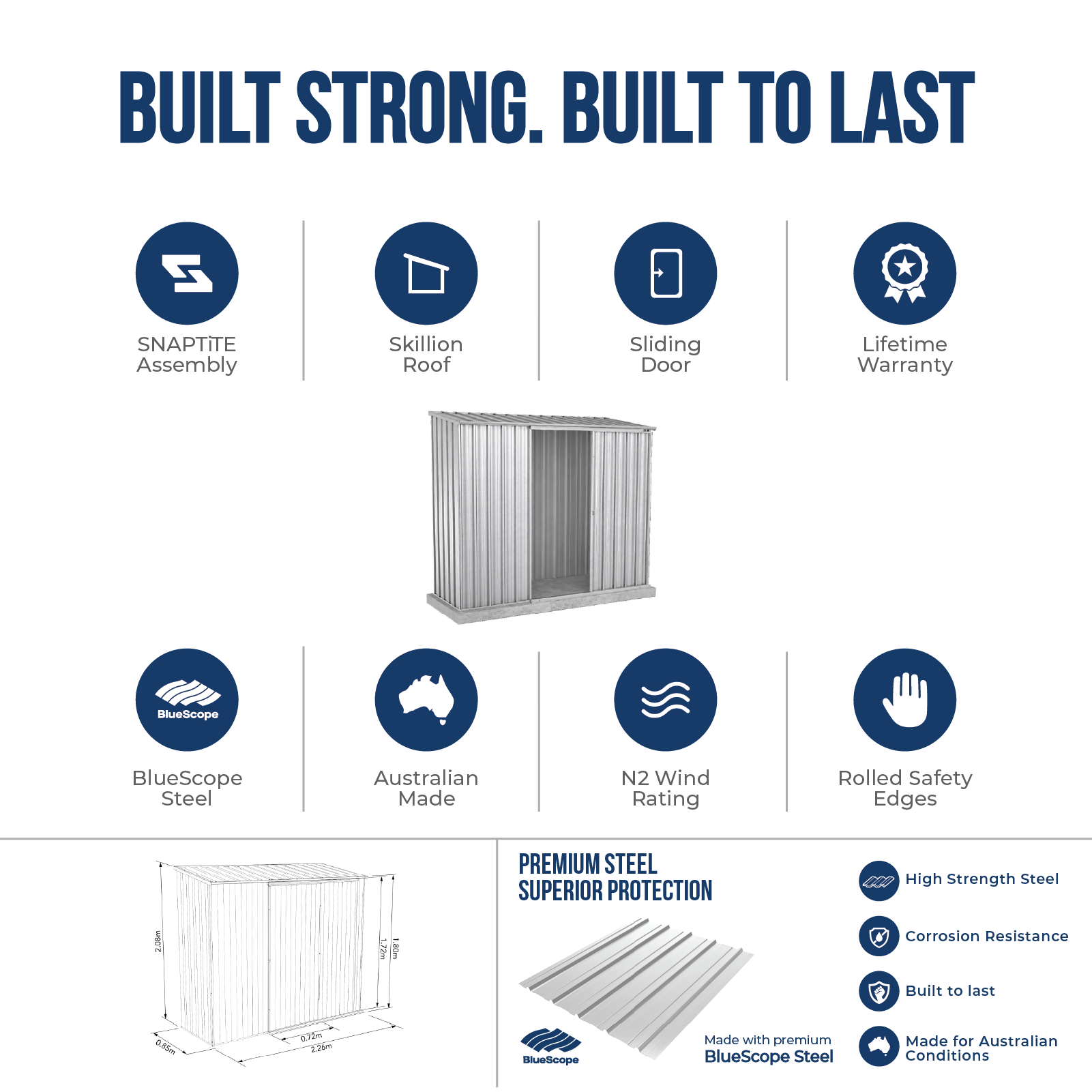 2.26mW x 0.78mD x 1.95mH Garden Shed Ezislider Single Door Zincalume