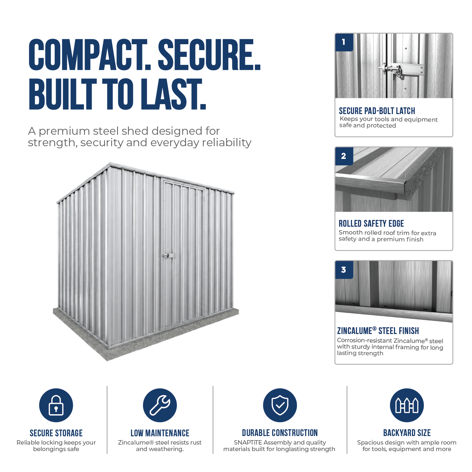 2.26mW x 1.52mD x 1.80mH Garden Shed Reverse Skillion Single Door Zincalume