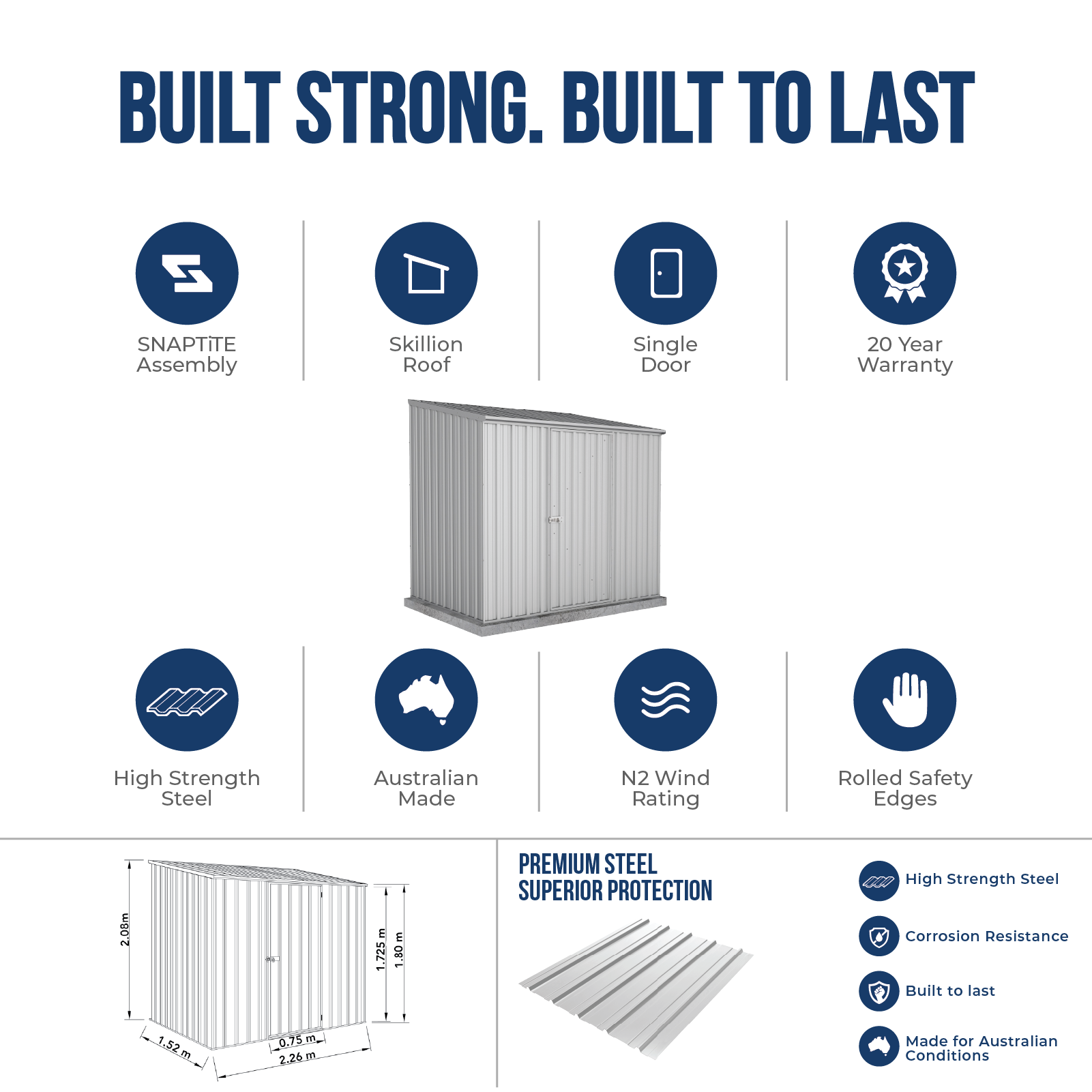 2.26mW x 1.52mD x 2.08mH Garden Shed Economy Single Door Zinc
