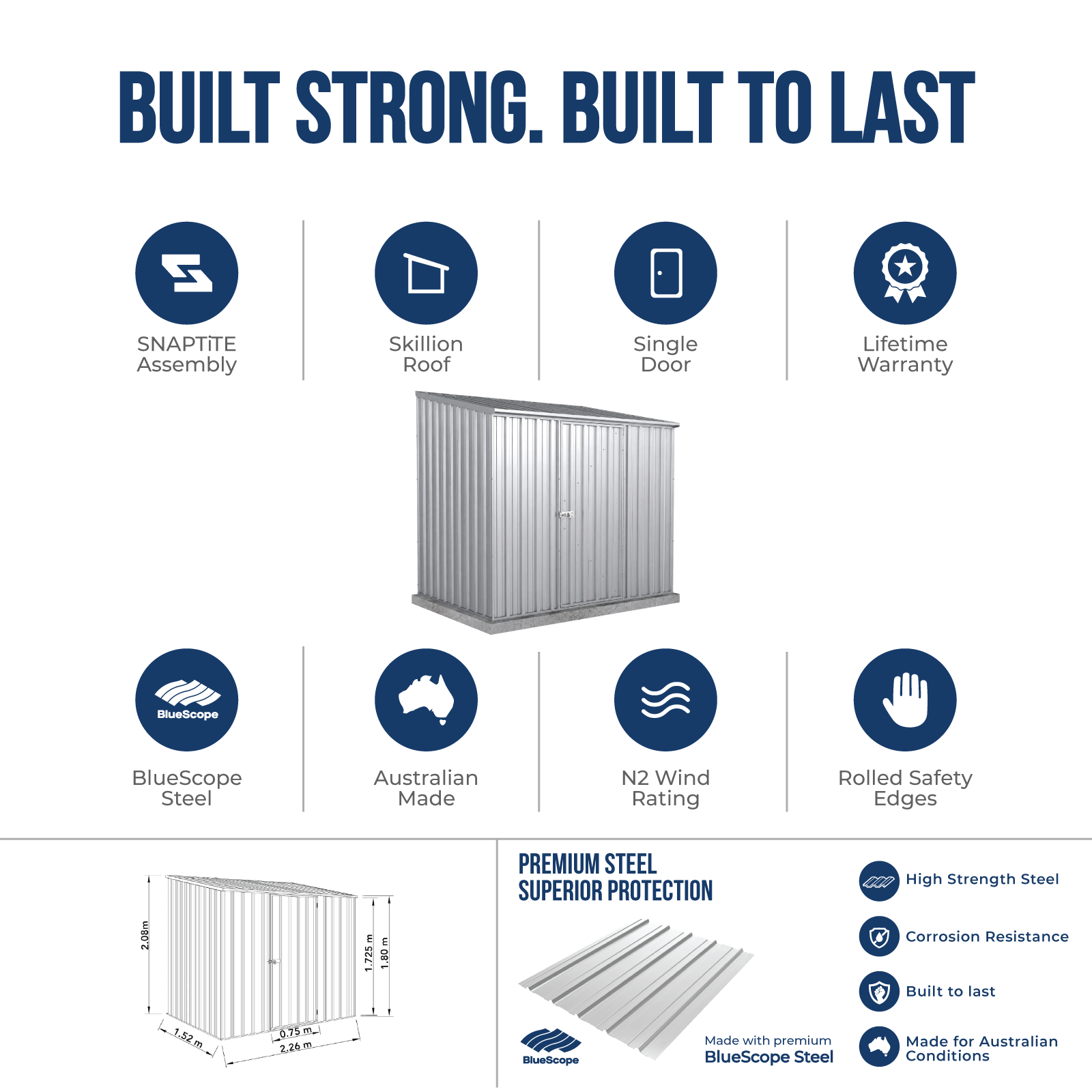 2.26mW x 1.52mD x 2.08mH Garden Shed Space Saver Single Door Zincalume