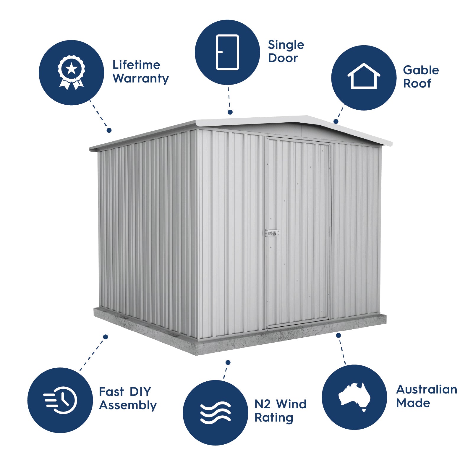 2.26mW x 2.18mD x 2.00mH Garden Shed Regent Single Door Zincalume