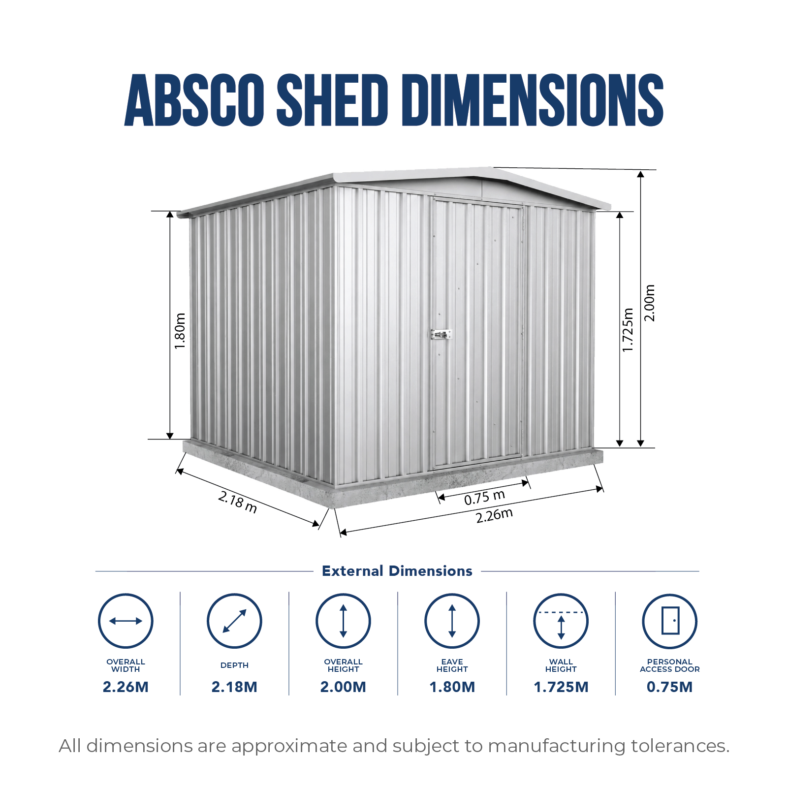 2.26mW x 2.18mD x 2.00mH Garden Shed Regent Single Door Zincalume