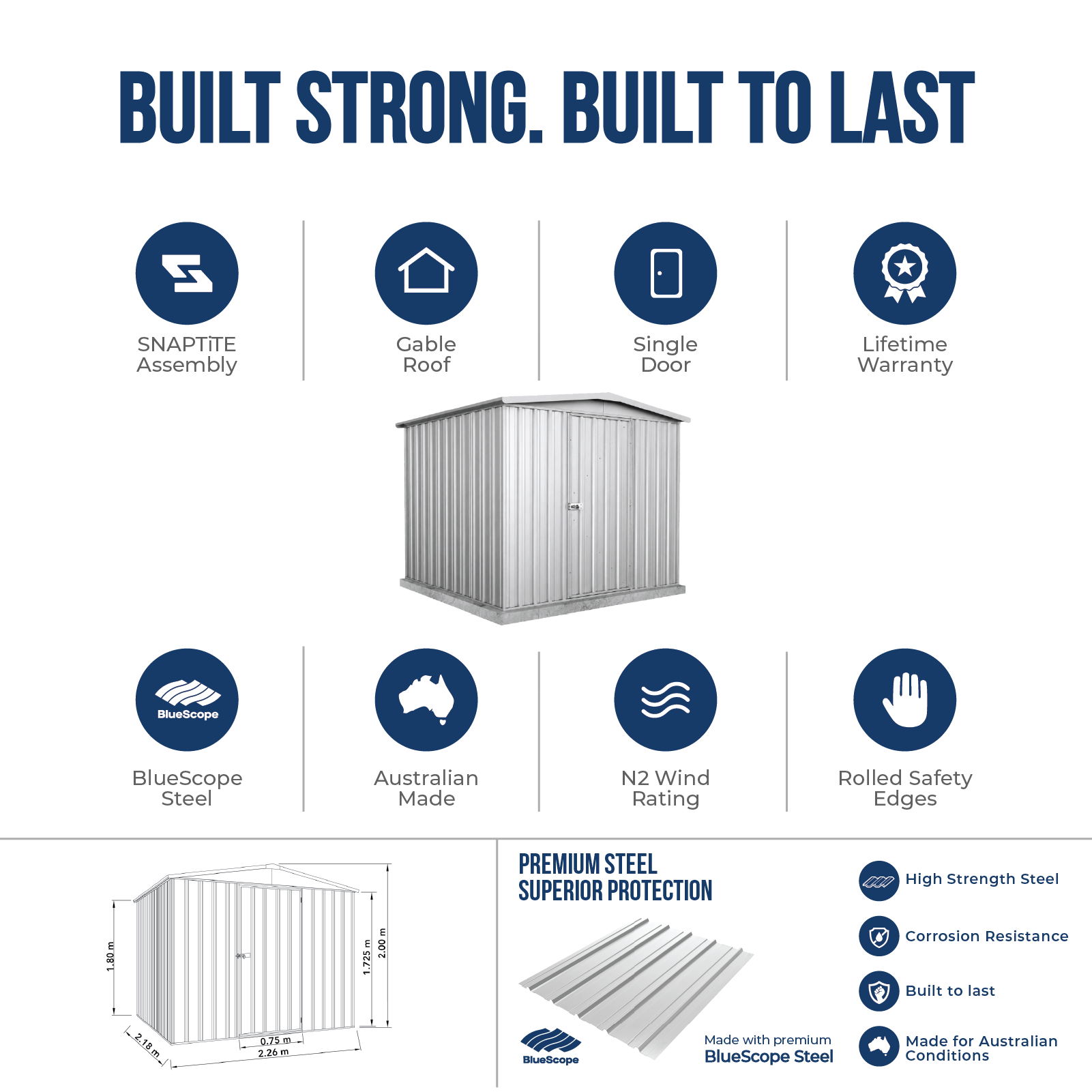 2.26mW x 2.18mD x 2.00mH Garden Shed Regent Single Door Zincalume
