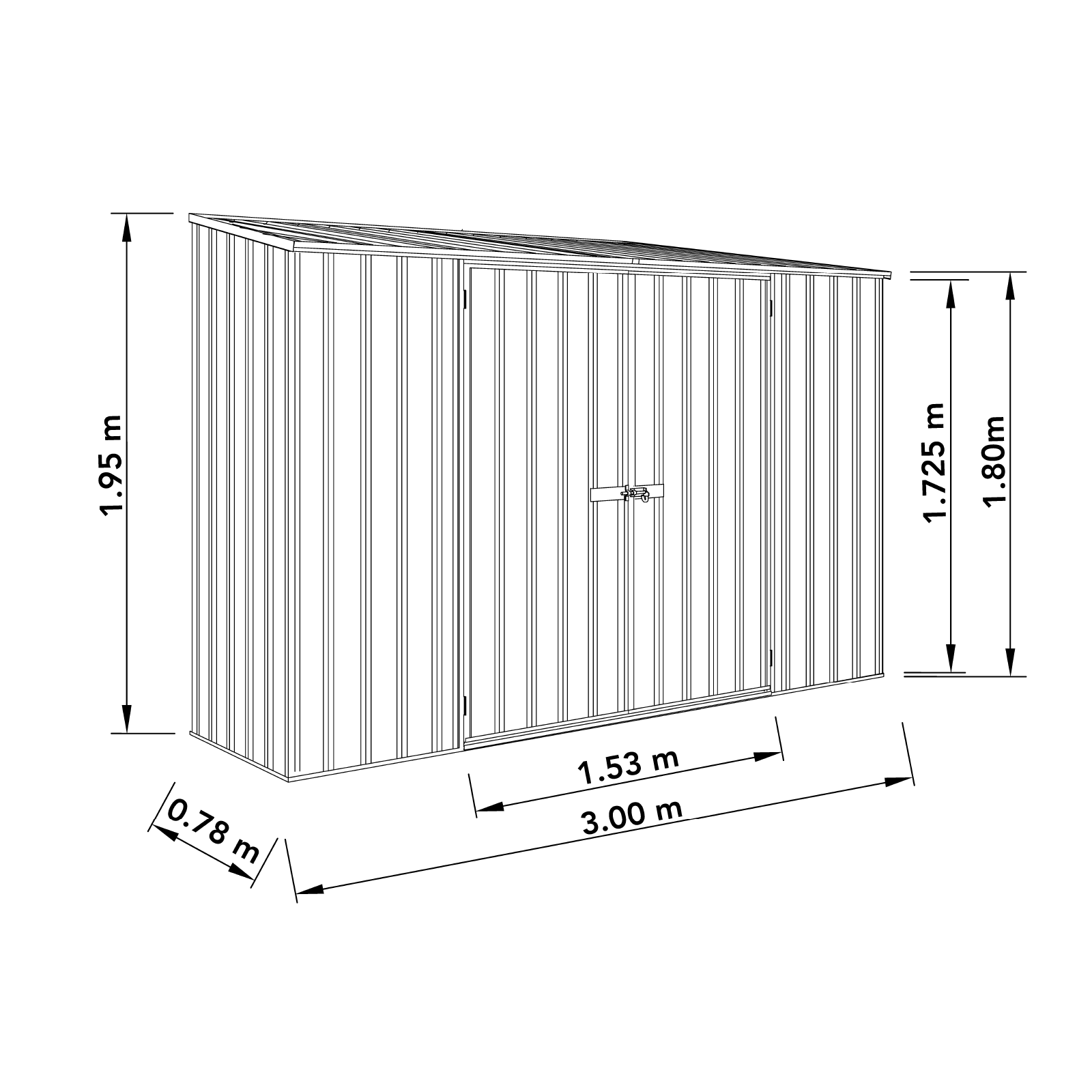 3.00mW x 0.78mD x 1.95mH Garden Shed Economy Double Door Zinc