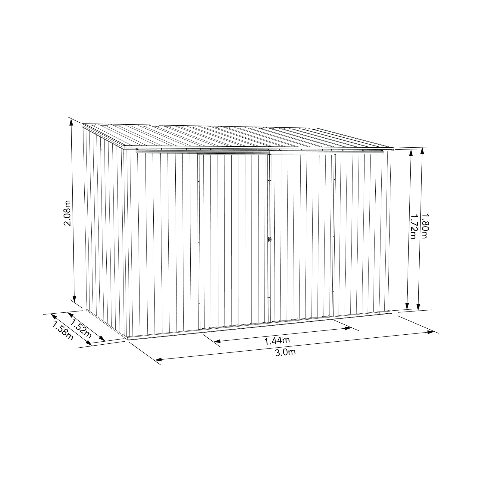 3.00mW x 1.52mD x 2.08mH Garden Shed Ezislider Double Door Zincalume