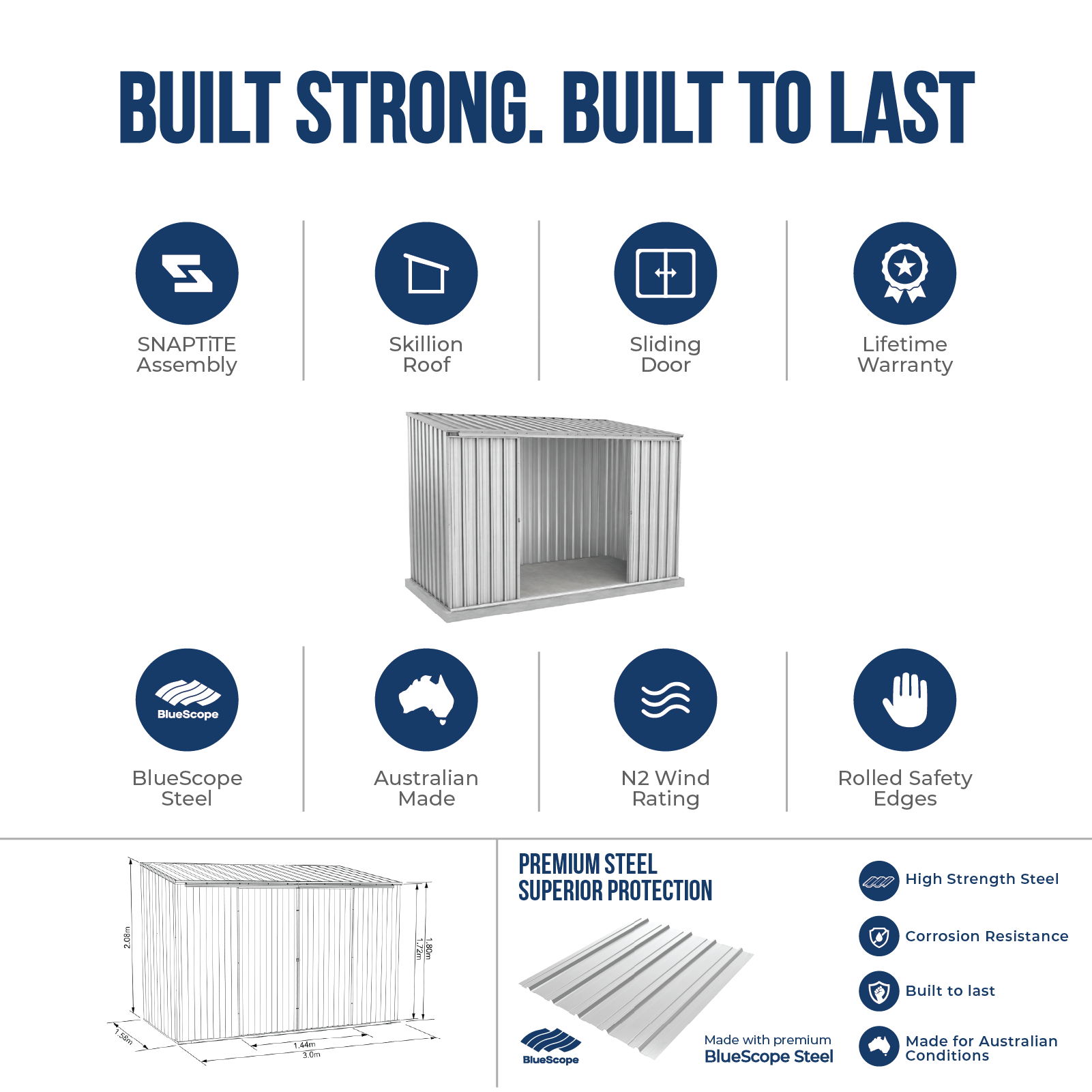 3.00mW x 1.52mD x 2.08mH Garden Shed Ezislider Double Door Zincalume