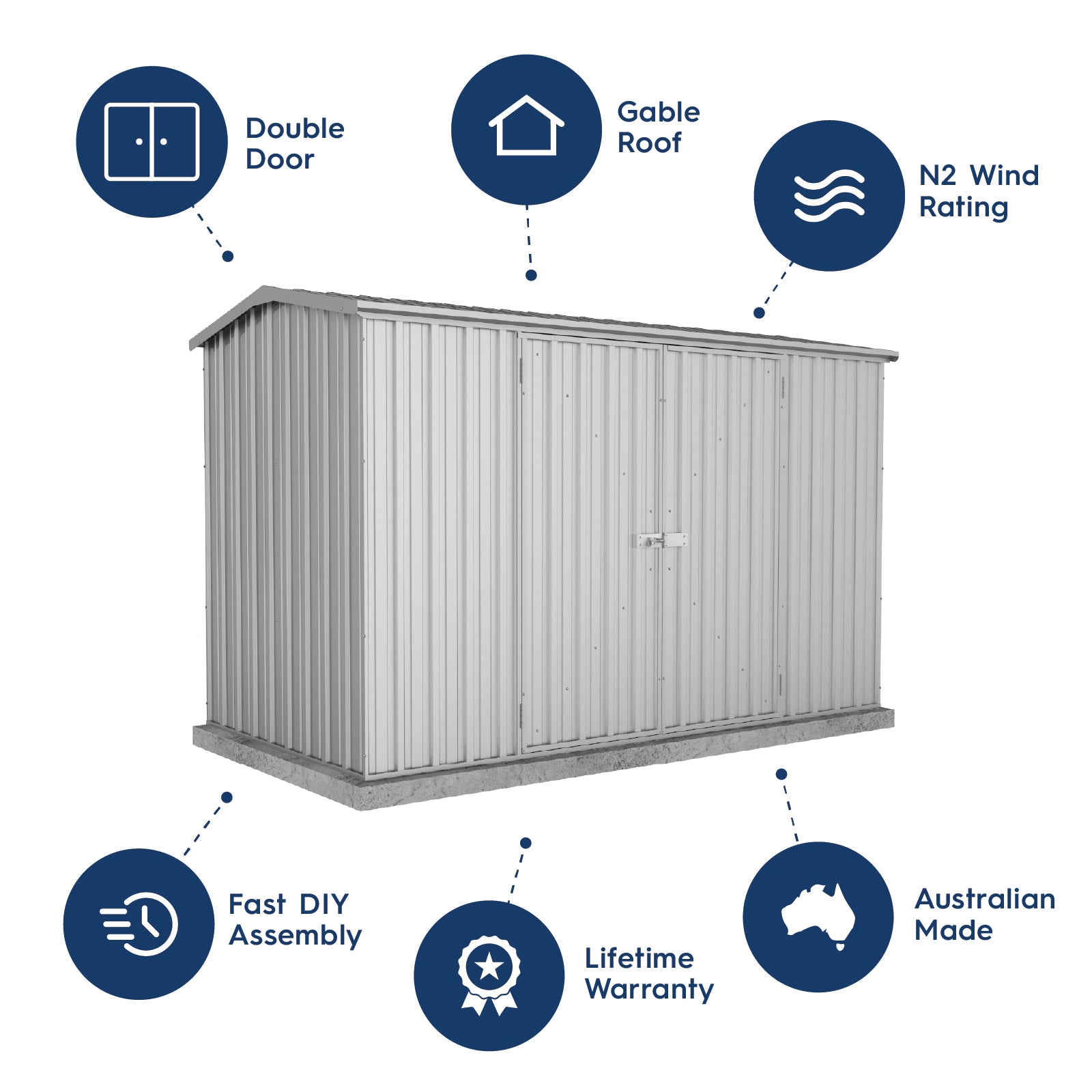 3.00mW x 1.52mD x 1.95mH Garden Shed Premier Double Door Zincalume