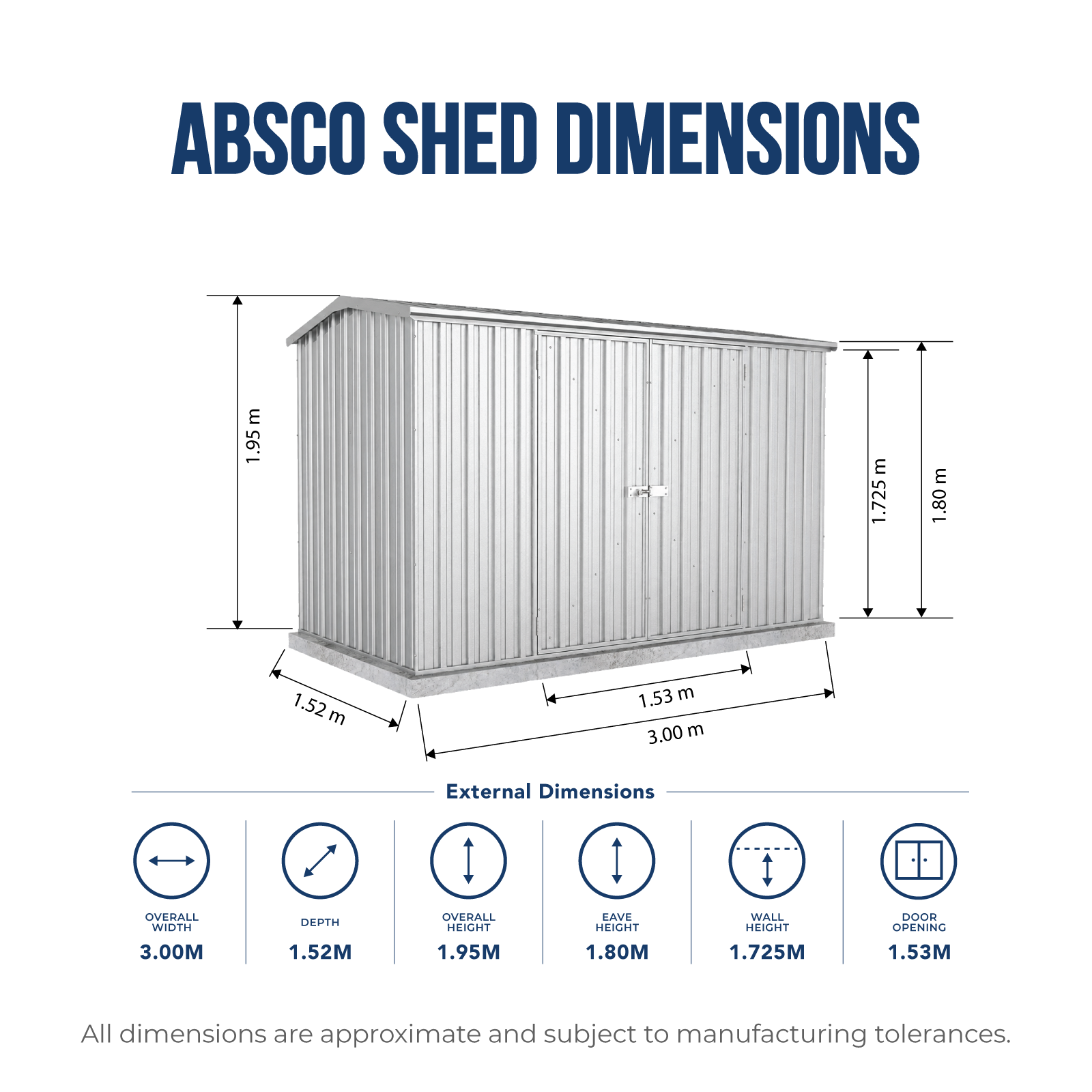 3.00mW x 1.52mD x 1.95mH Garden Shed Premier Double Door Zincalume