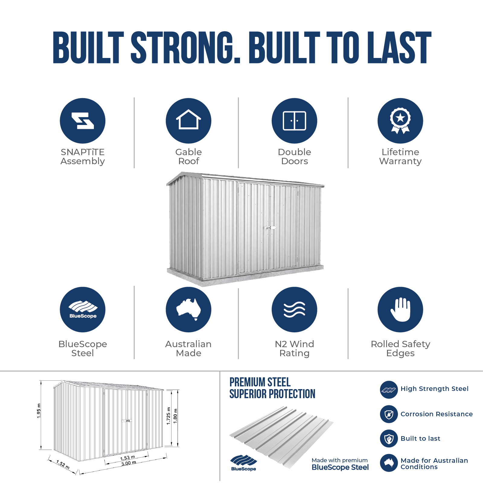 3.00mW x 1.52mD x 1.95mH Garden Shed Premier Double Door Zincalume