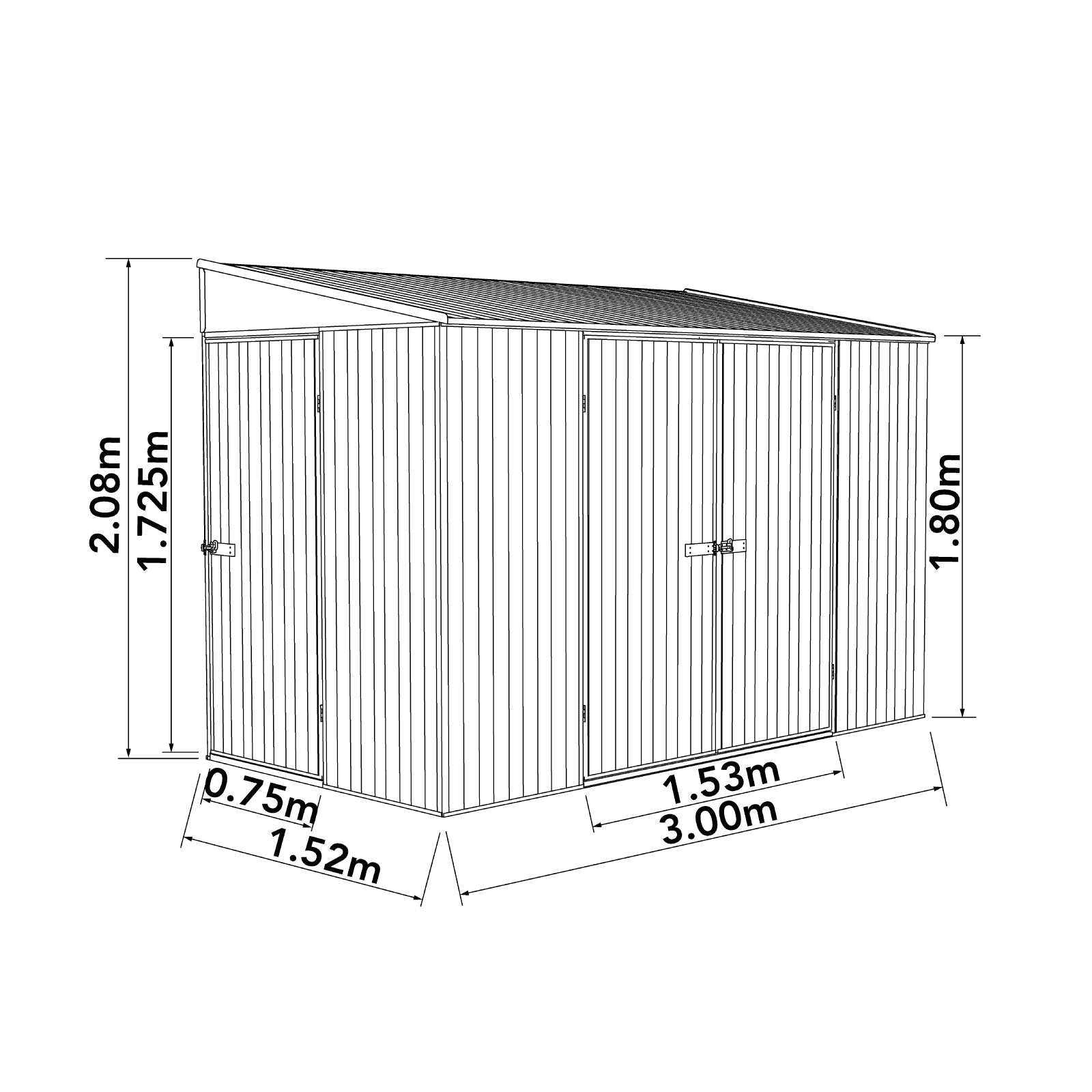3.00mW x 1.52mD x 2.08mH Bike Shed Three Door Zincalume