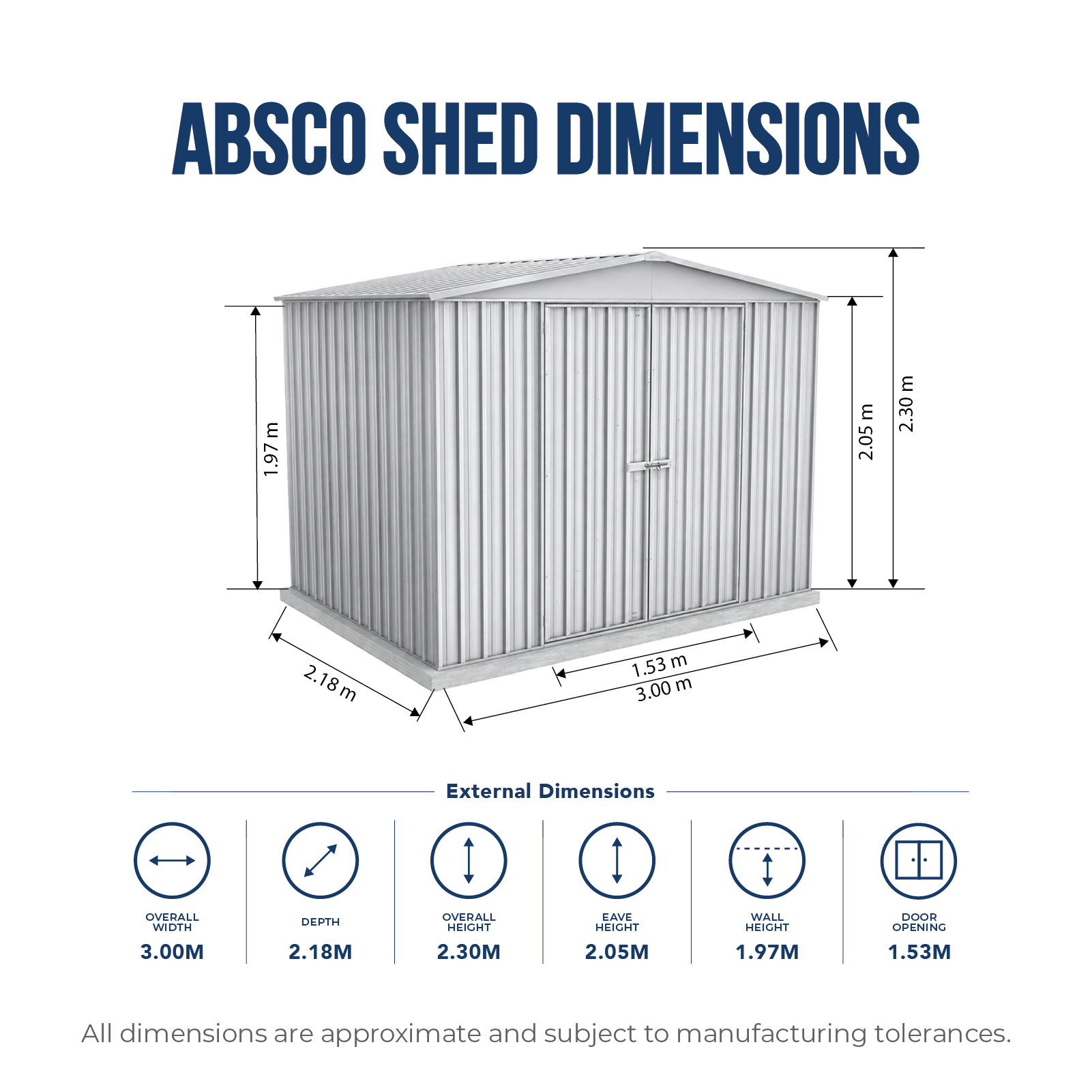 3.00mW x 2.18mD x 2.30mH Garden Shed Highlander Double Door Zincalume
