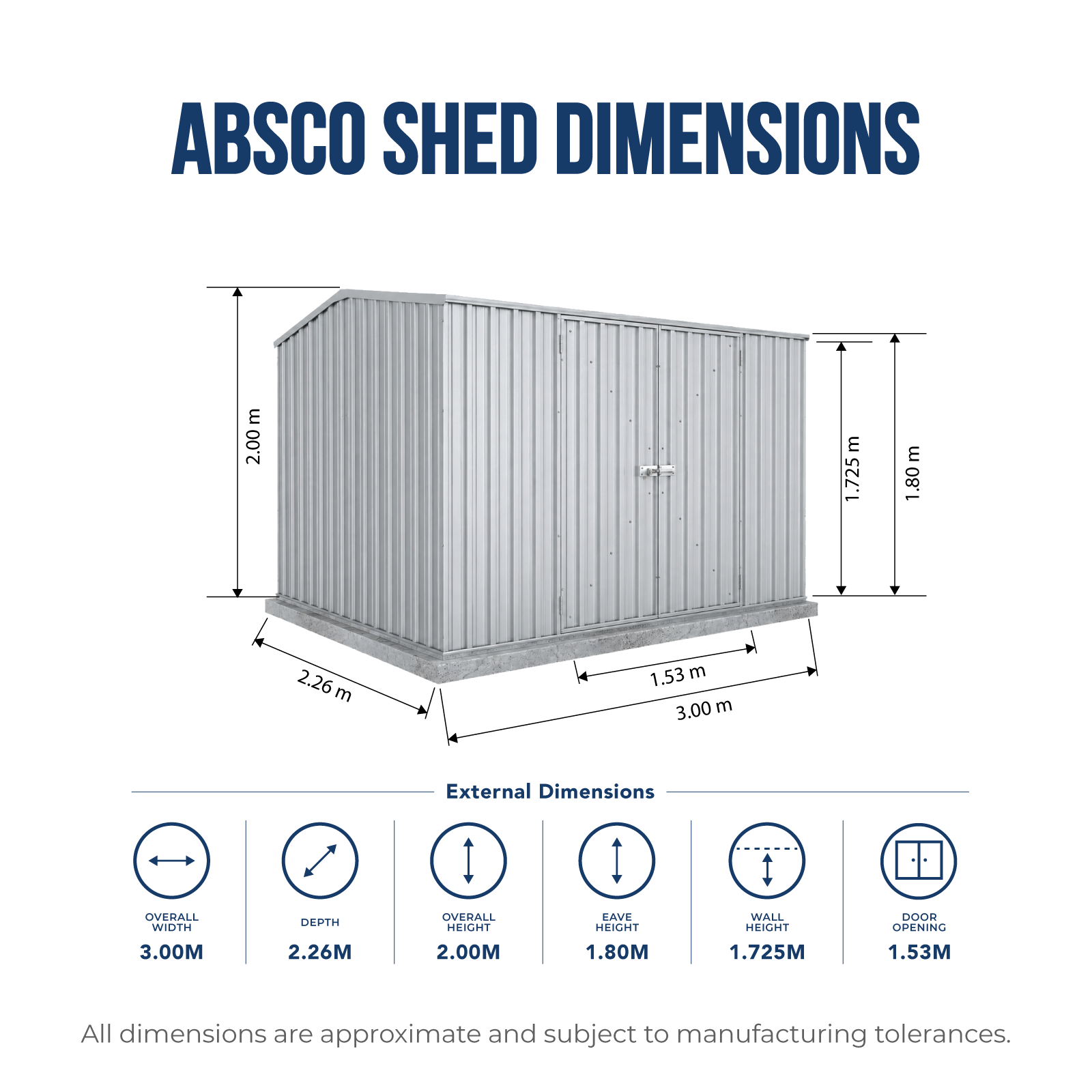 3.00mW x 2.26mD x 2.00mH Garden Shed Double Door Zincalume with Anchors