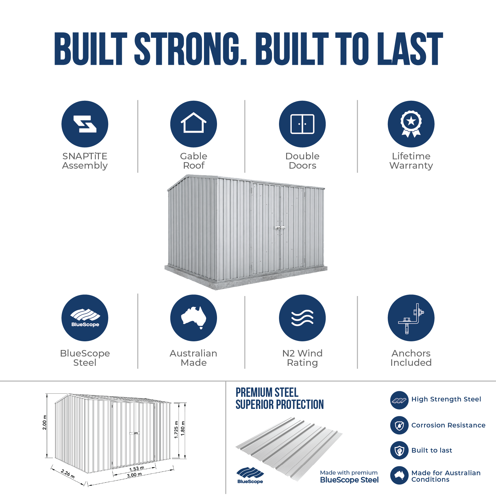 3.00mW x 2.26mD x 2.00mH Garden Shed Double Door Zincalume with Anchors