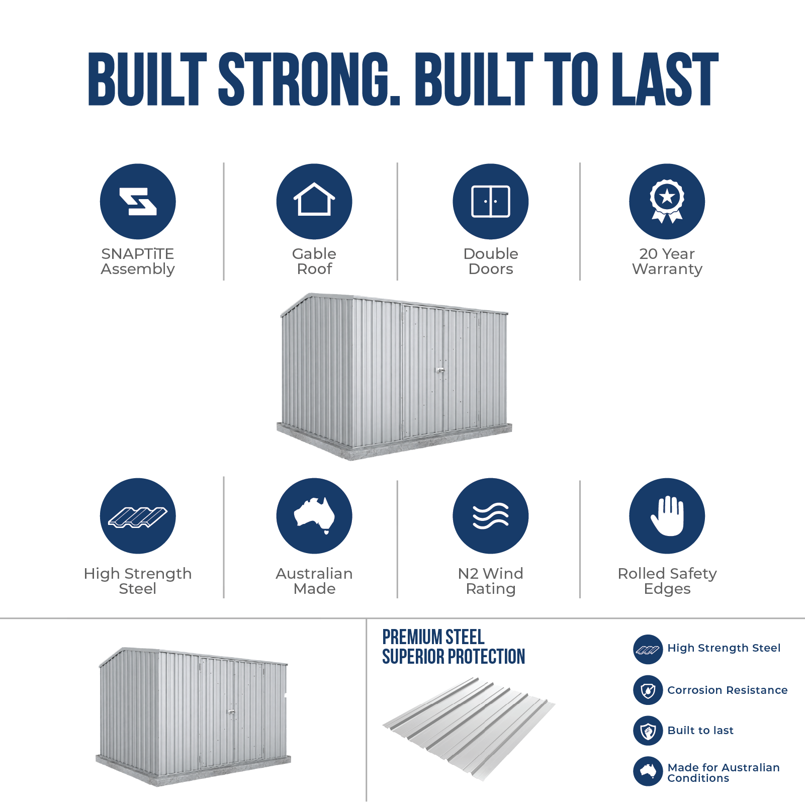3.00mW x 2.26mD x 2.00mH Garden Shed Economy Double Door Zinc
