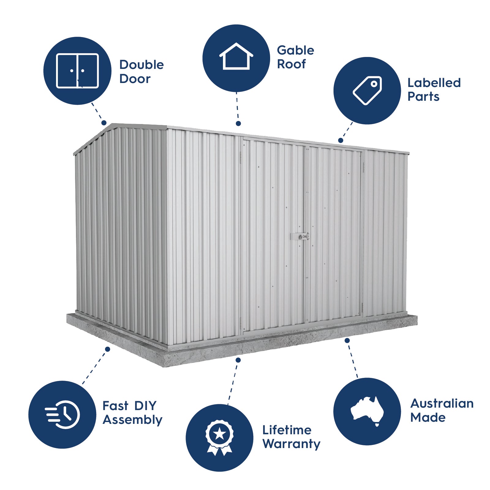 3.00mW x 2.26mD x 2.00mH Garden Shed Premier Double Door Zincalume